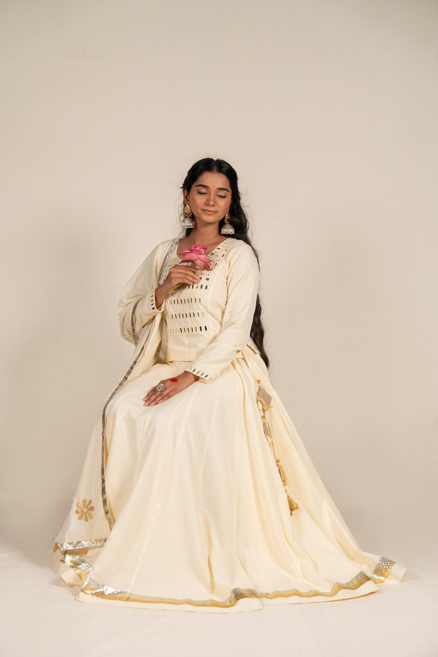 Off-White Thick Cotton Skirt with Golden and Silver Borders – NavRas