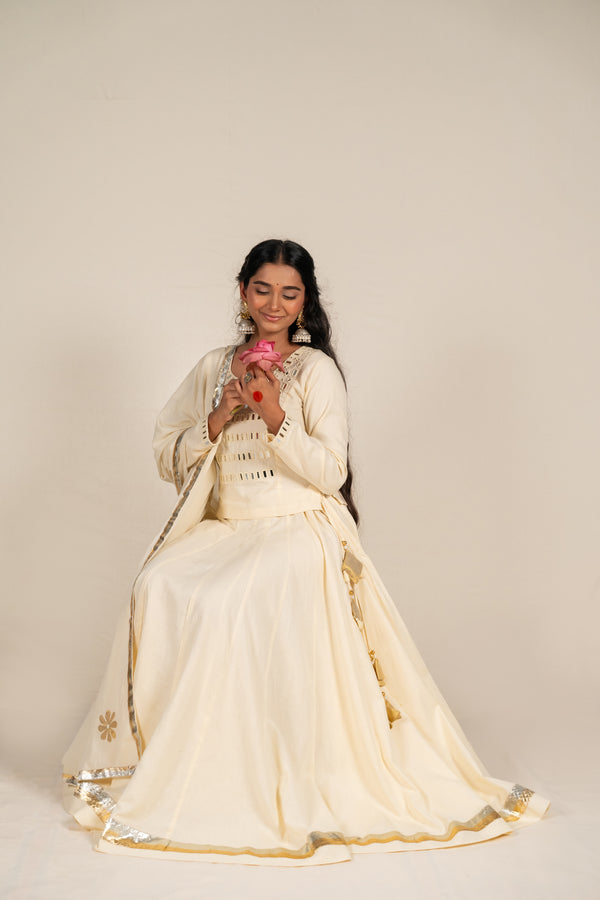 Off-White Thick Cotton Skirt with Golden and Silver Borders – NavRas