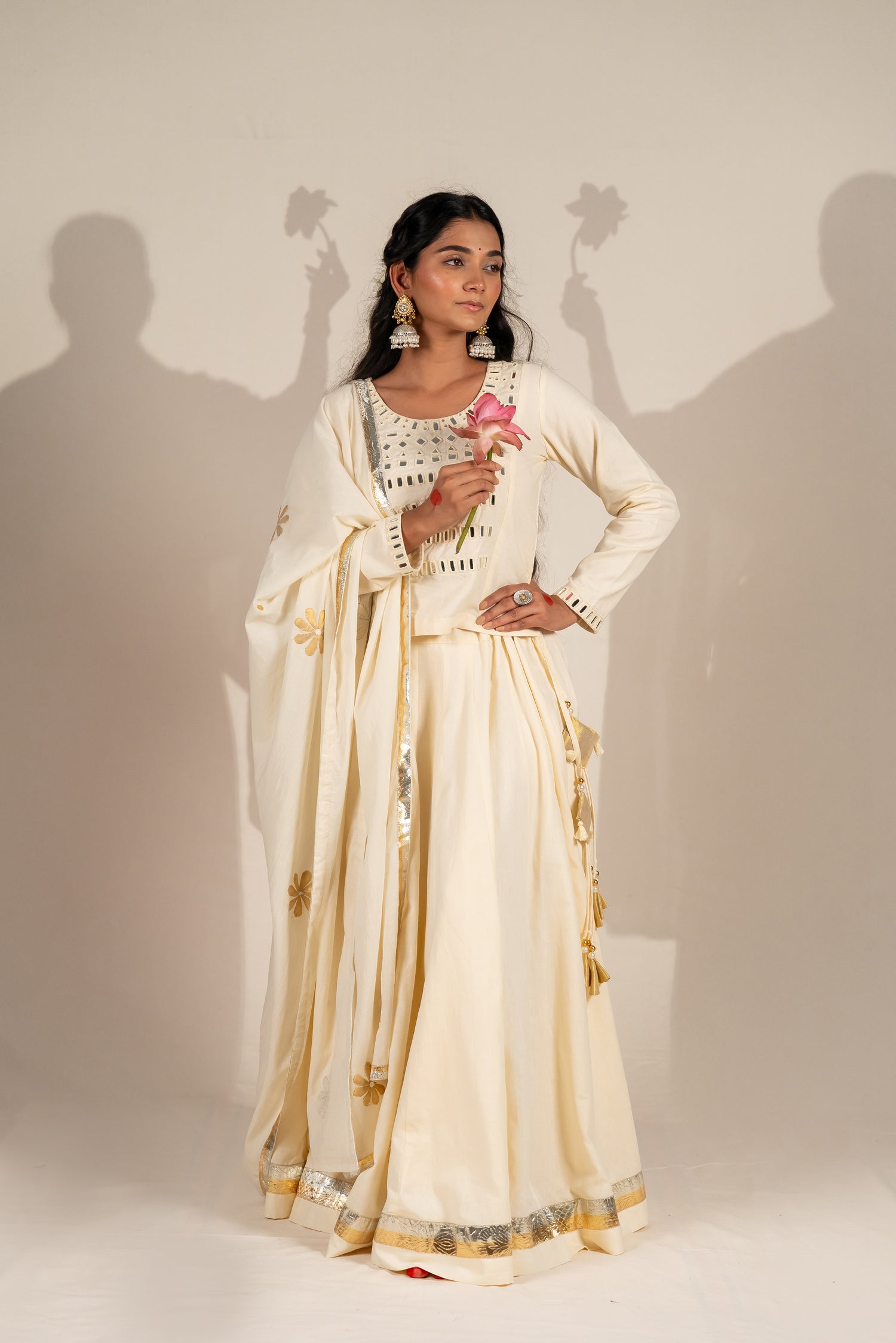 Off-White Thick Cotton Skirt with Golden and Silver Borders – NavRas