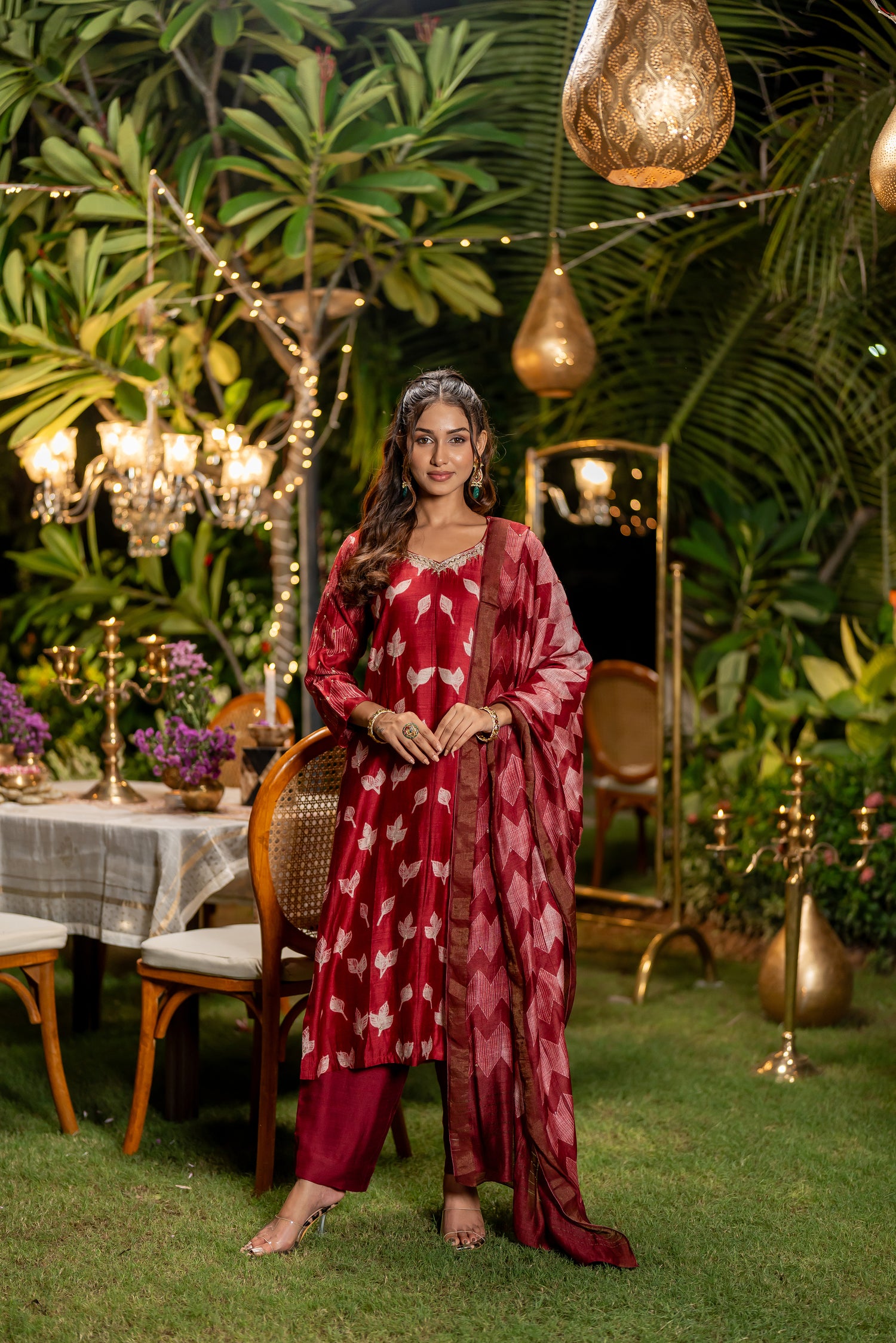 Ray Ethnic Ira – Cherry Red Muga Silk Set of Three with Shibori & Hand Embroidery