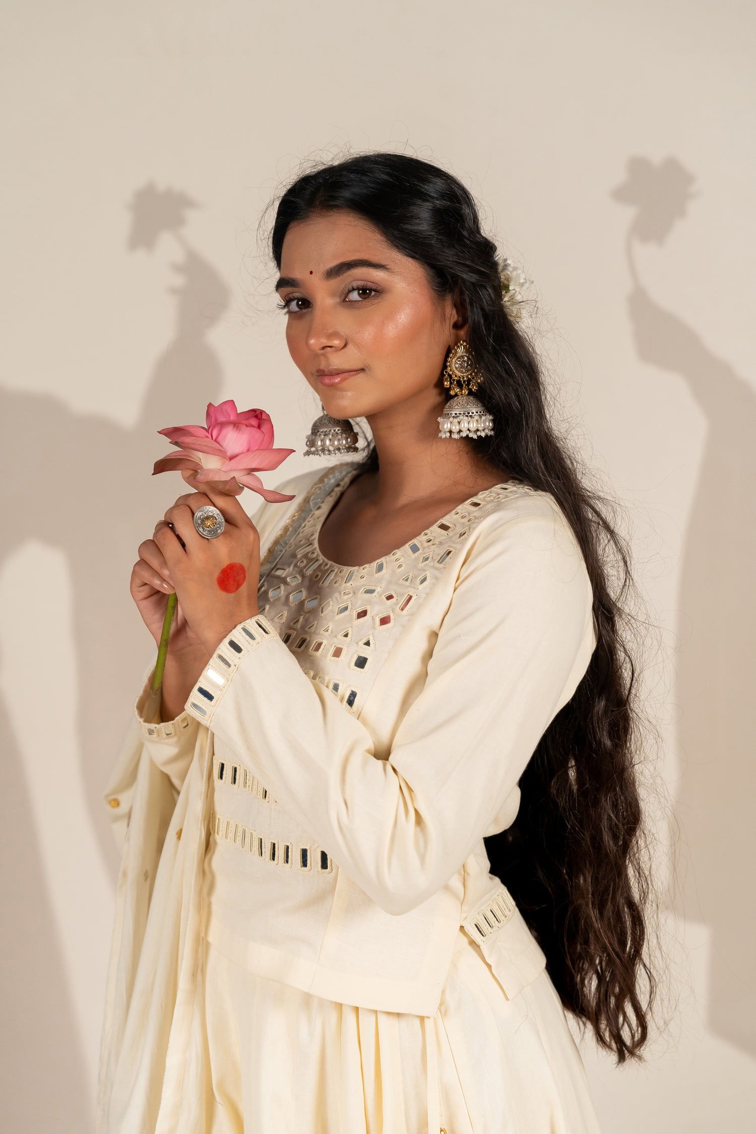 Handcrafted Thick Cotton Blouse in Off-White with Mirror Work – NavRas