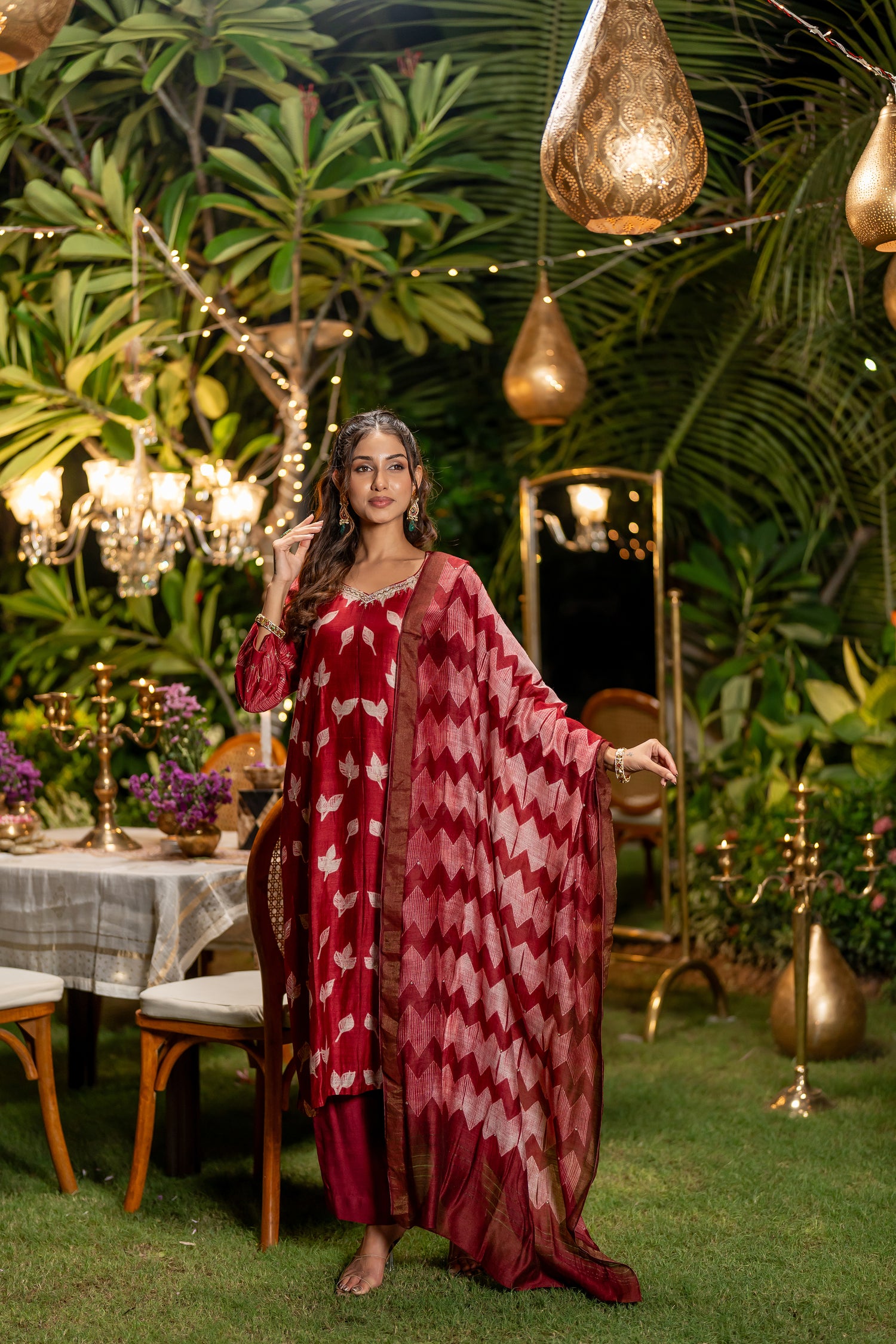 Ray Ethnic Ira – Cherry Red Muga Silk Set of Three with Shibori & Hand Embroidery