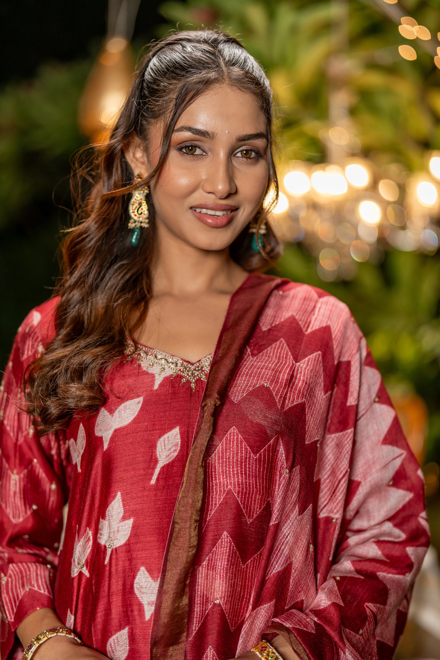 Ray Ethnic Ira – Cherry Red Muga Silk Set of Three with Shibori & Hand Embroidery