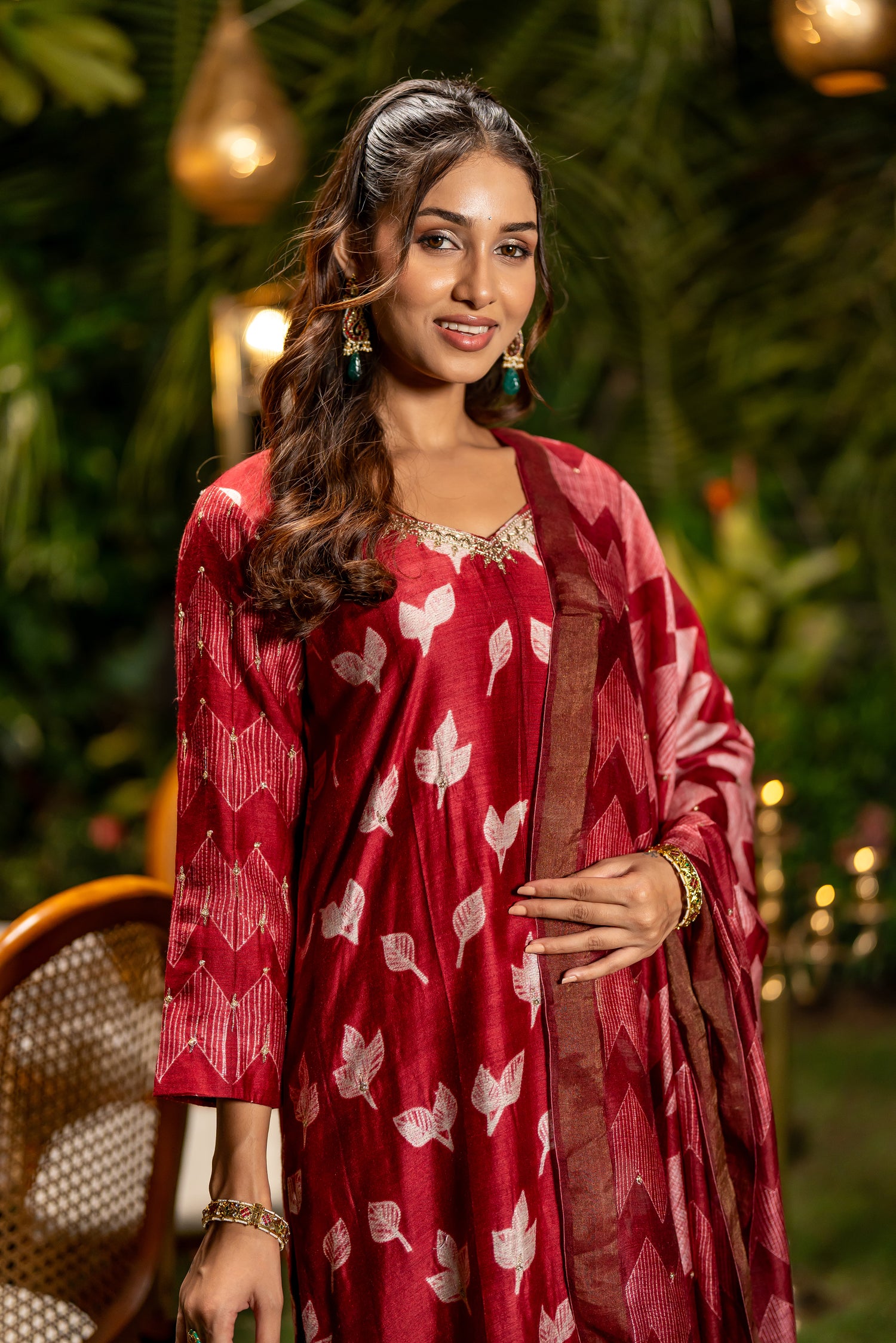 Ray Ethnic Ira – Cherry Red Muga Silk Set of Three with Shibori & Hand Embroidery