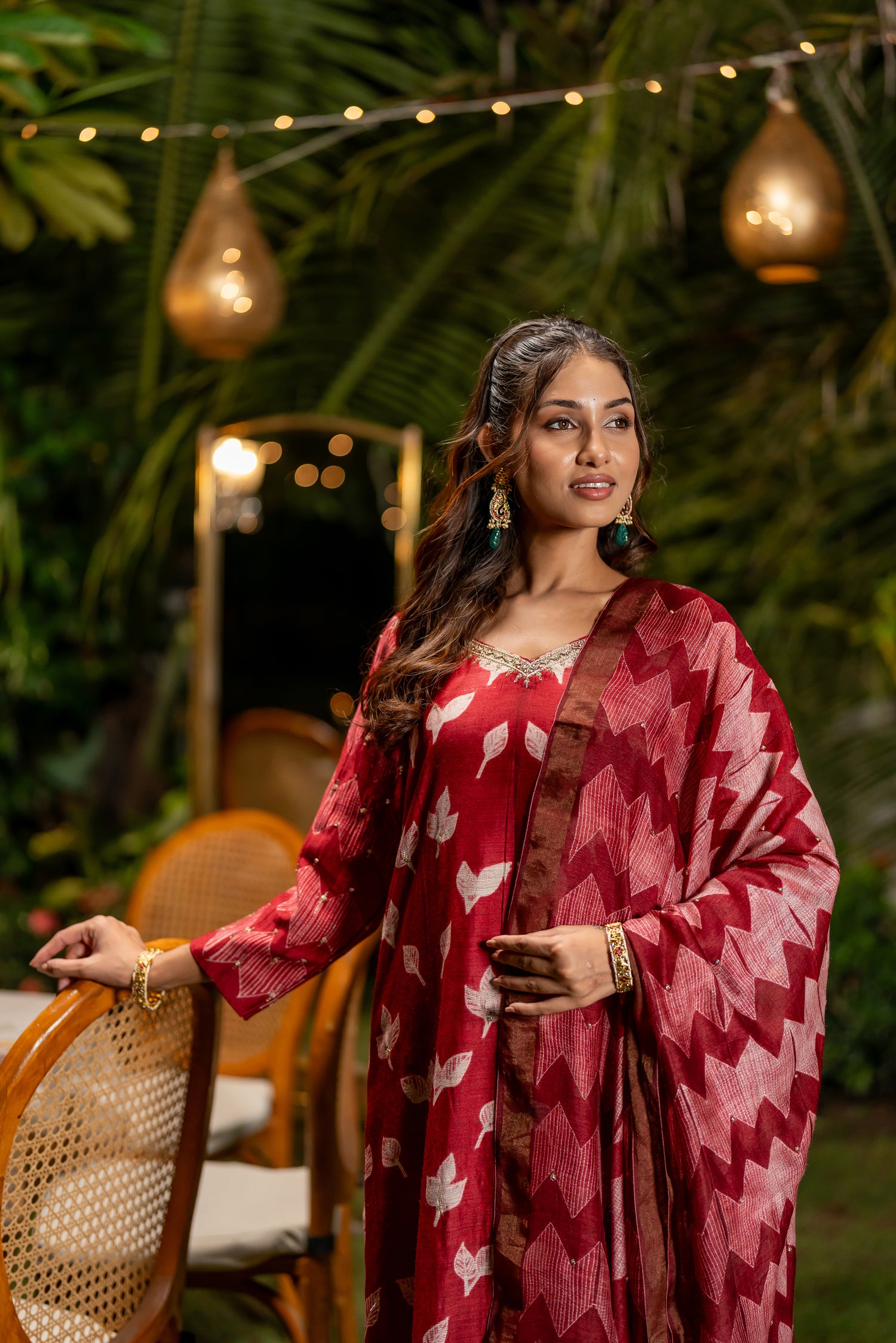 Ray Ethnic Ira – Cherry Red Muga Silk Set of Three with Shibori & Hand Embroidery