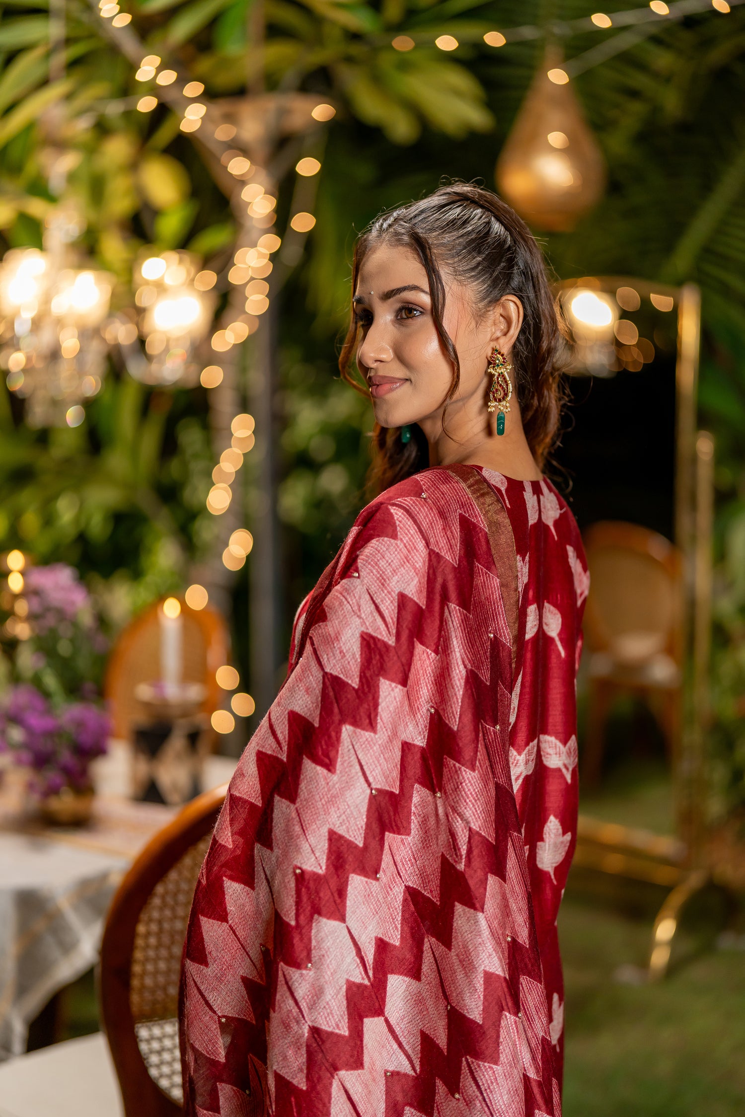 Ray Ethnic Ira – Cherry Red Muga Silk Set of Three with Shibori & Hand Embroidery