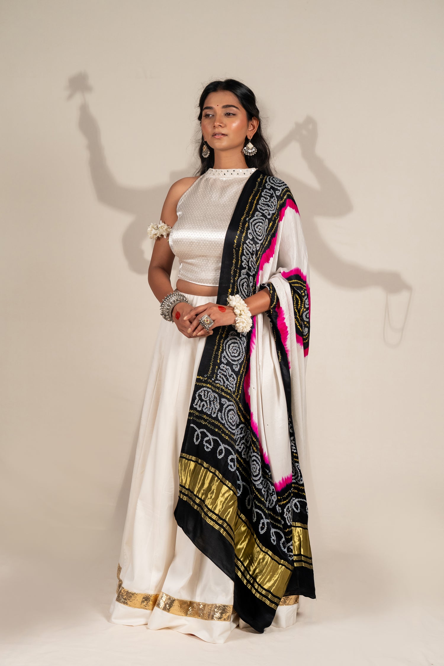 Bandhej Gaji Silk Dupatta with Traditional Tie-Dye and Badla work – NavRas