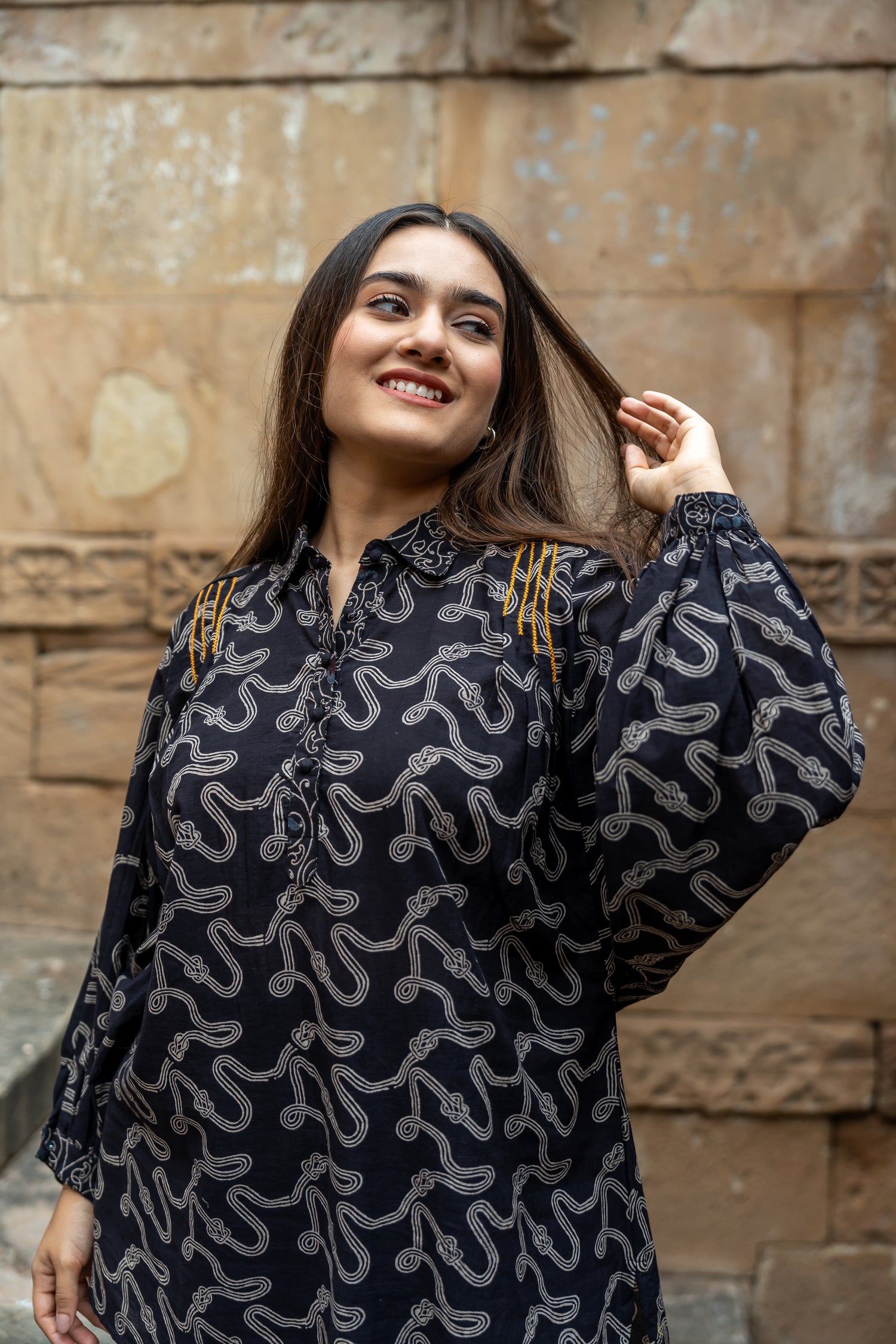 Ekatra Black Abstract Block Print Mull Cotton Top | Ray Ethnic