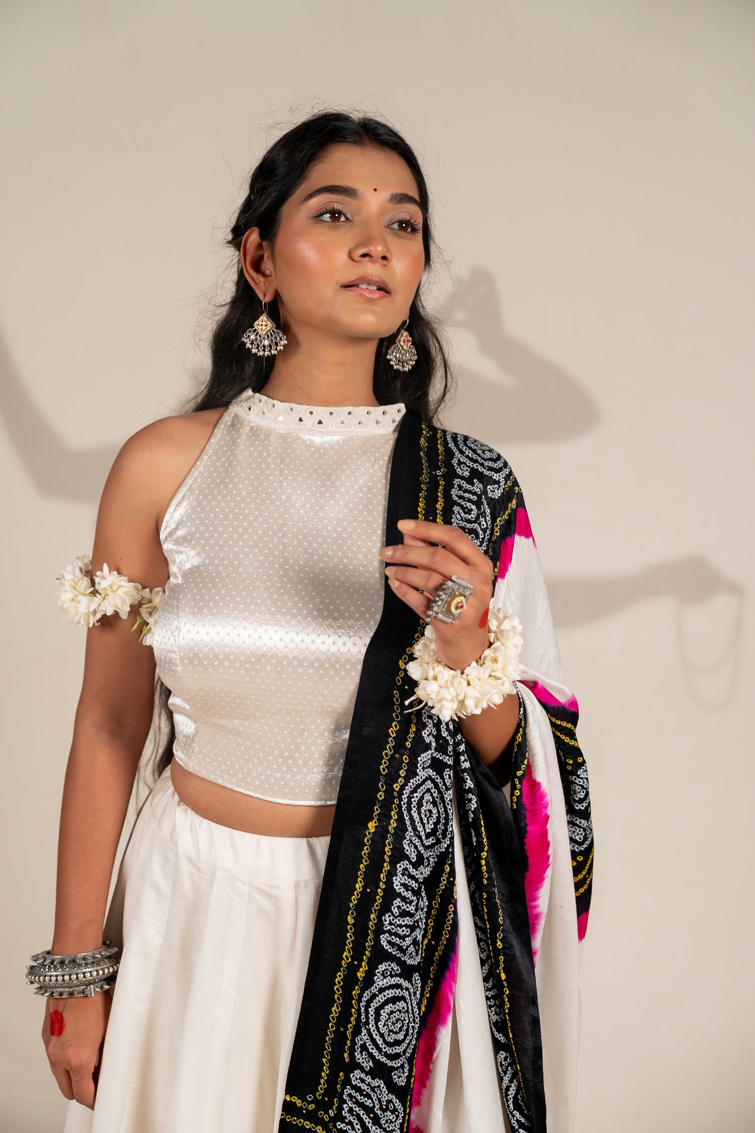 Off-White Mashroo Blouse with Hand Embroidery in a High-Neck Silhouette – NavRas