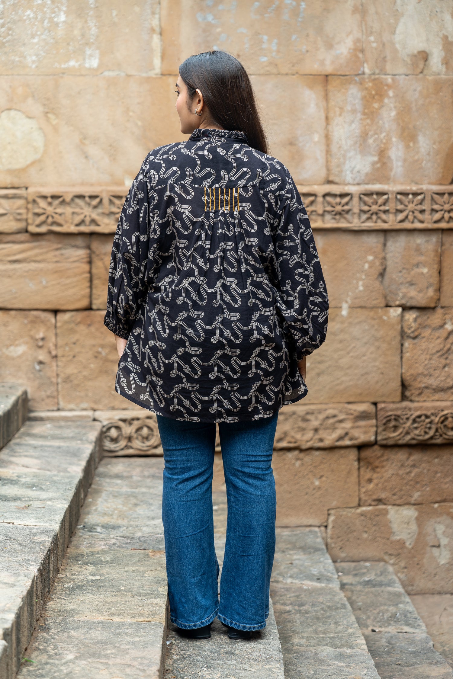 Ekatra Black Abstract Block Print Mull Cotton Top | Ray Ethnic