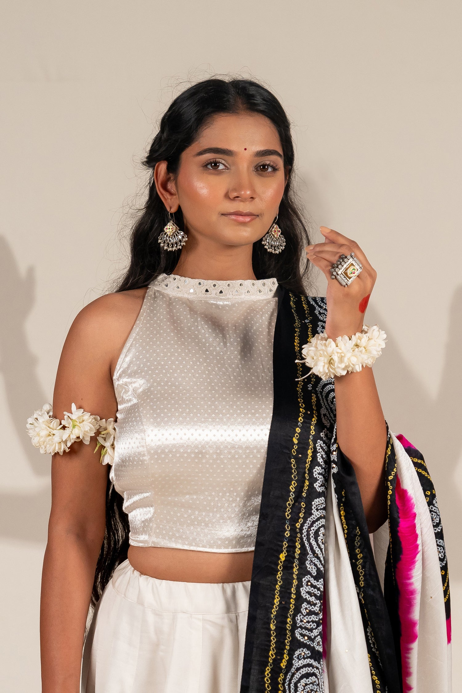 Off-White Mashroo Blouse with Hand Embroidery in a High-Neck Silhouette – NavRas