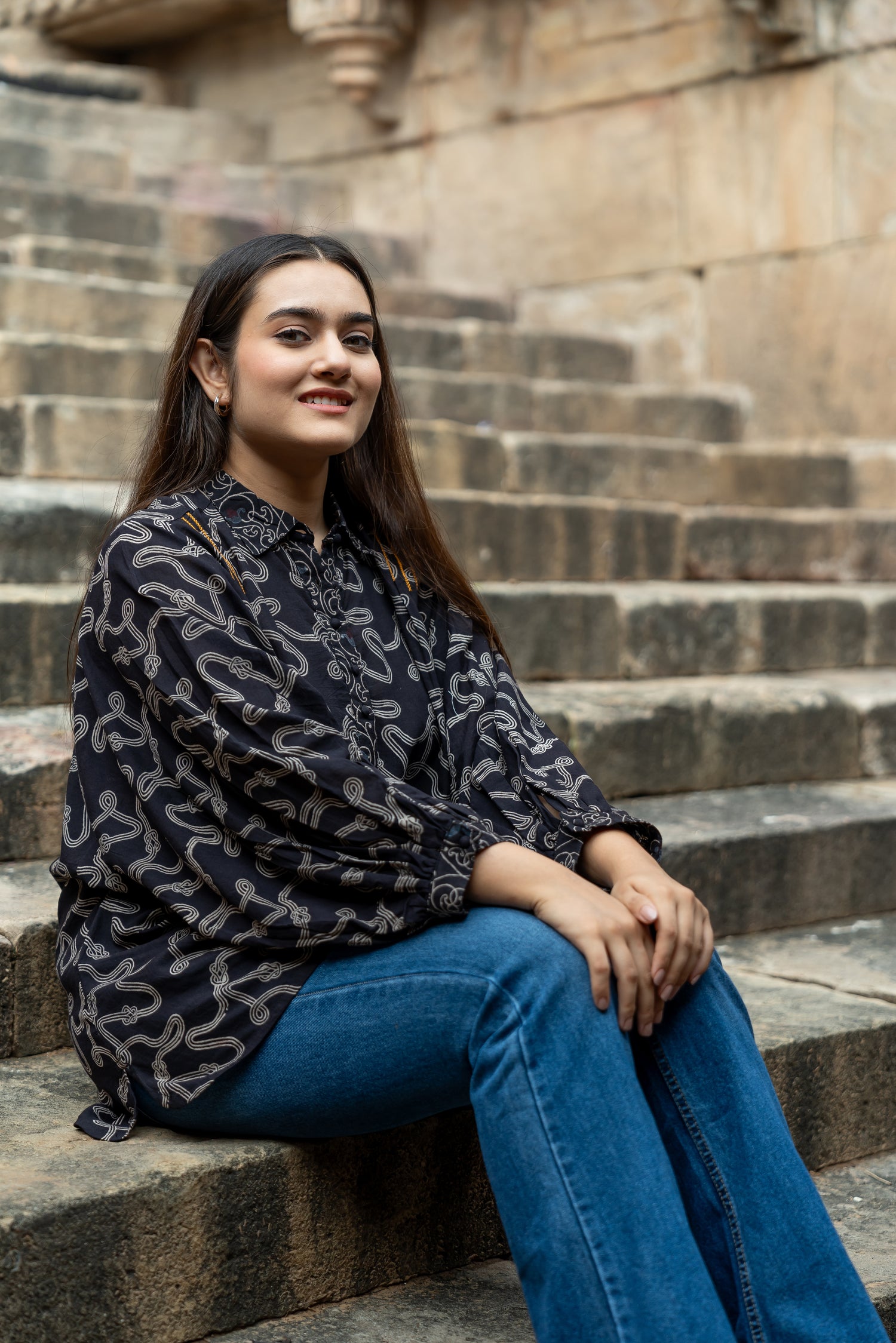 Ekatra Black Abstract Block Print Mull Cotton Top | Ray Ethnic