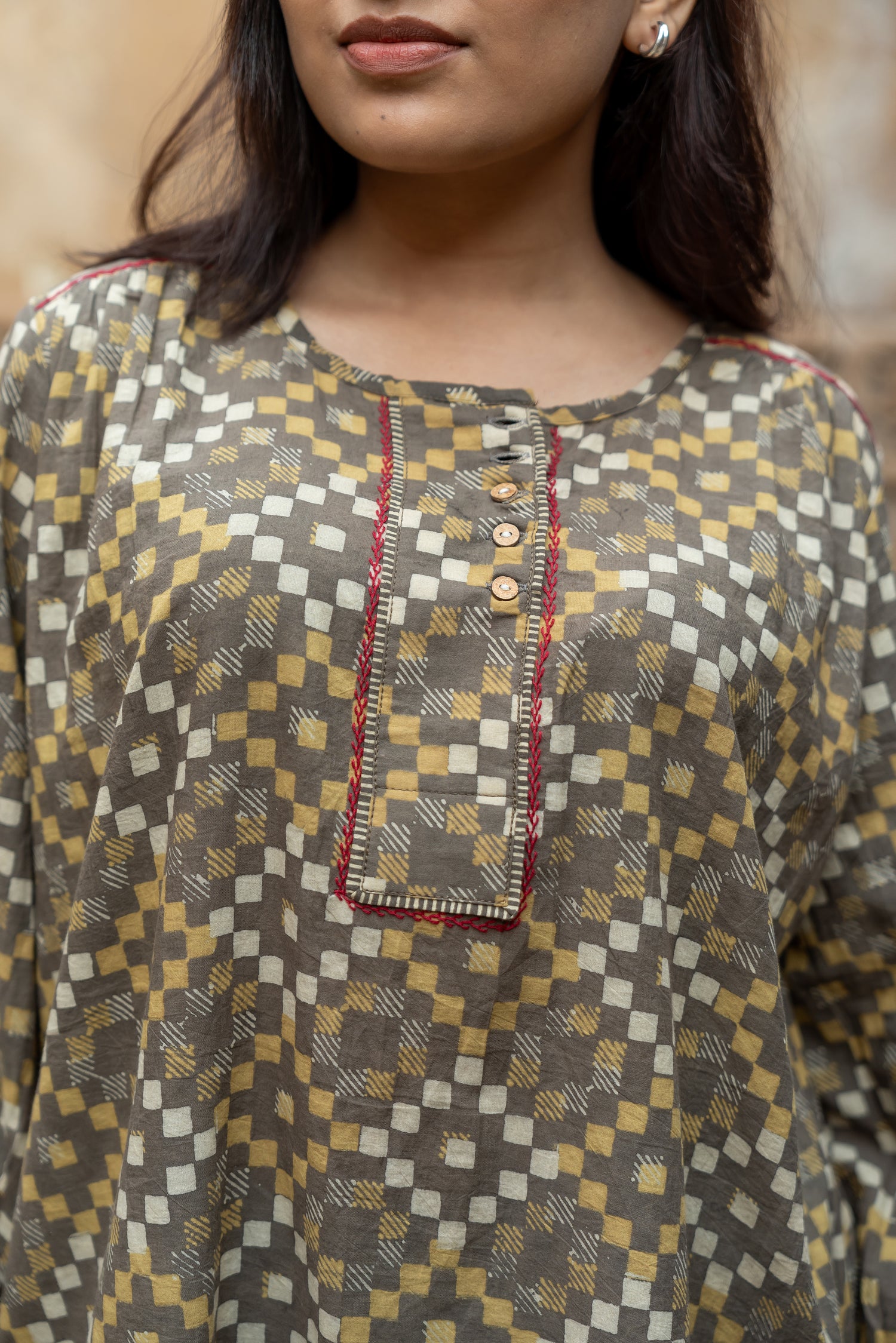 Ekatra Brown Geometric Hand Block Print Mull Cotton Top | Ray Ethnic