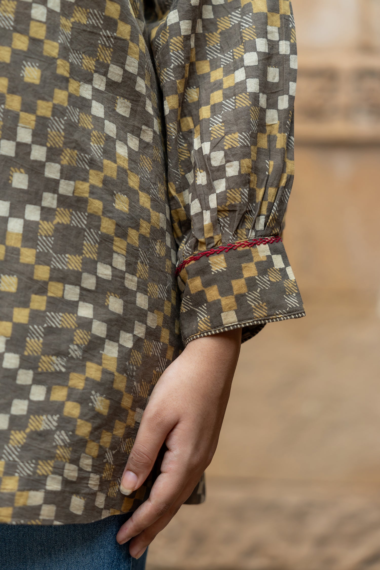 Ekatra Brown Geometric Hand Block Print Mull Cotton Top | Ray Ethnic