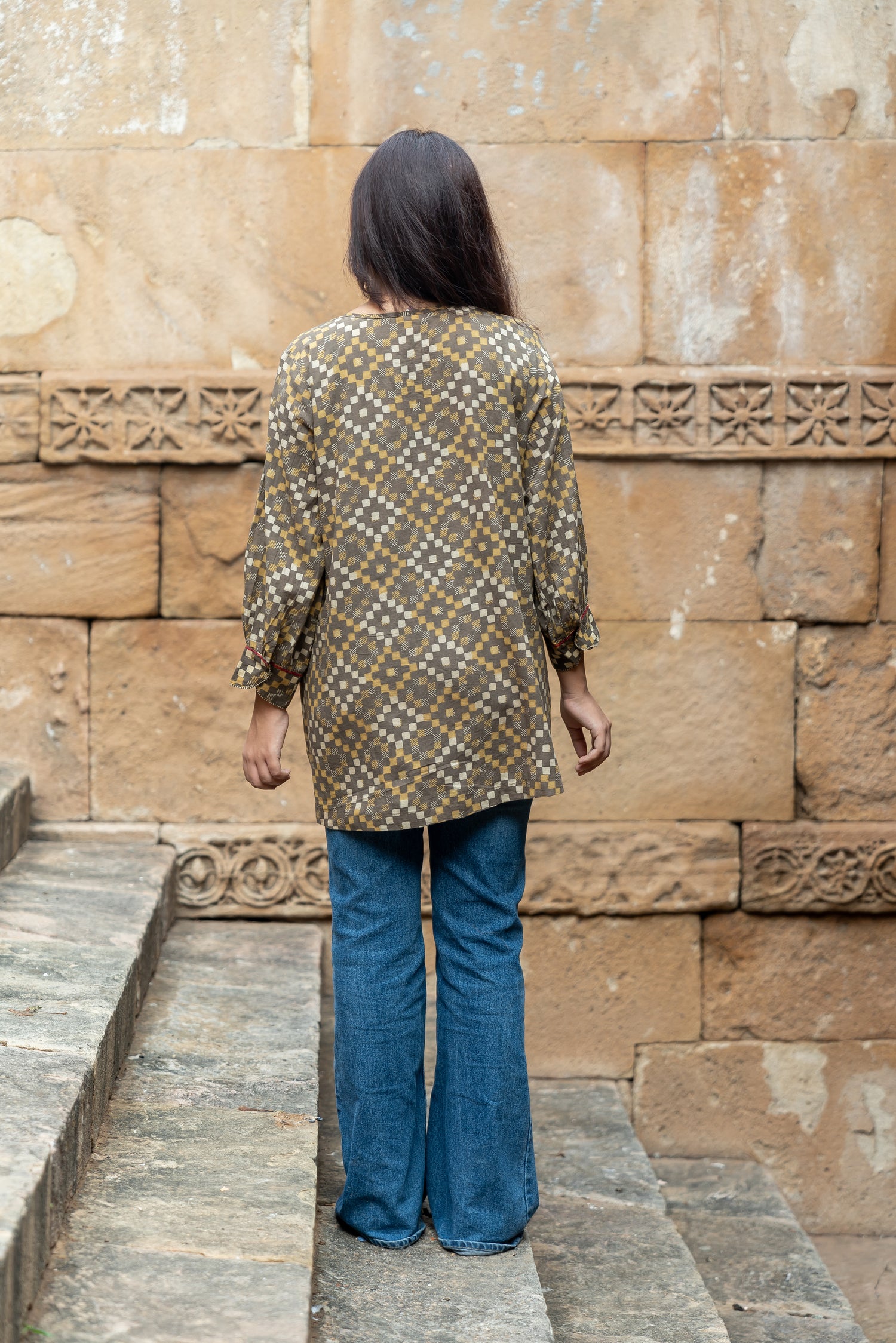 Ekatra Brown Geometric Hand Block Print Mull Cotton Top | Ray Ethnic