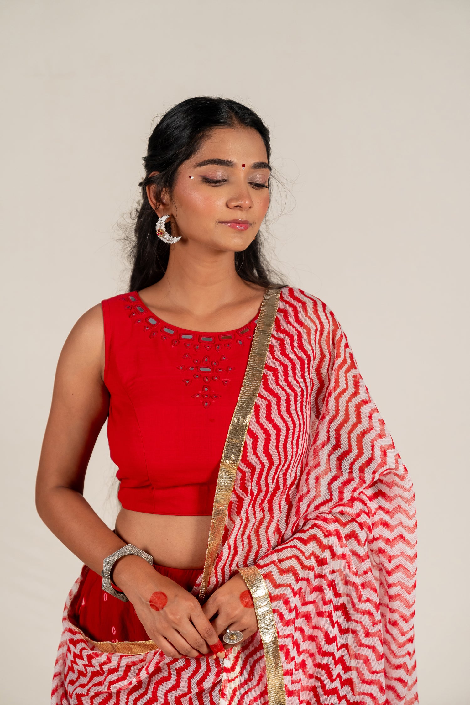 Embroidered Mangalagiri Cotton Blouse in Red with Delicate Mirror Work – NavRas