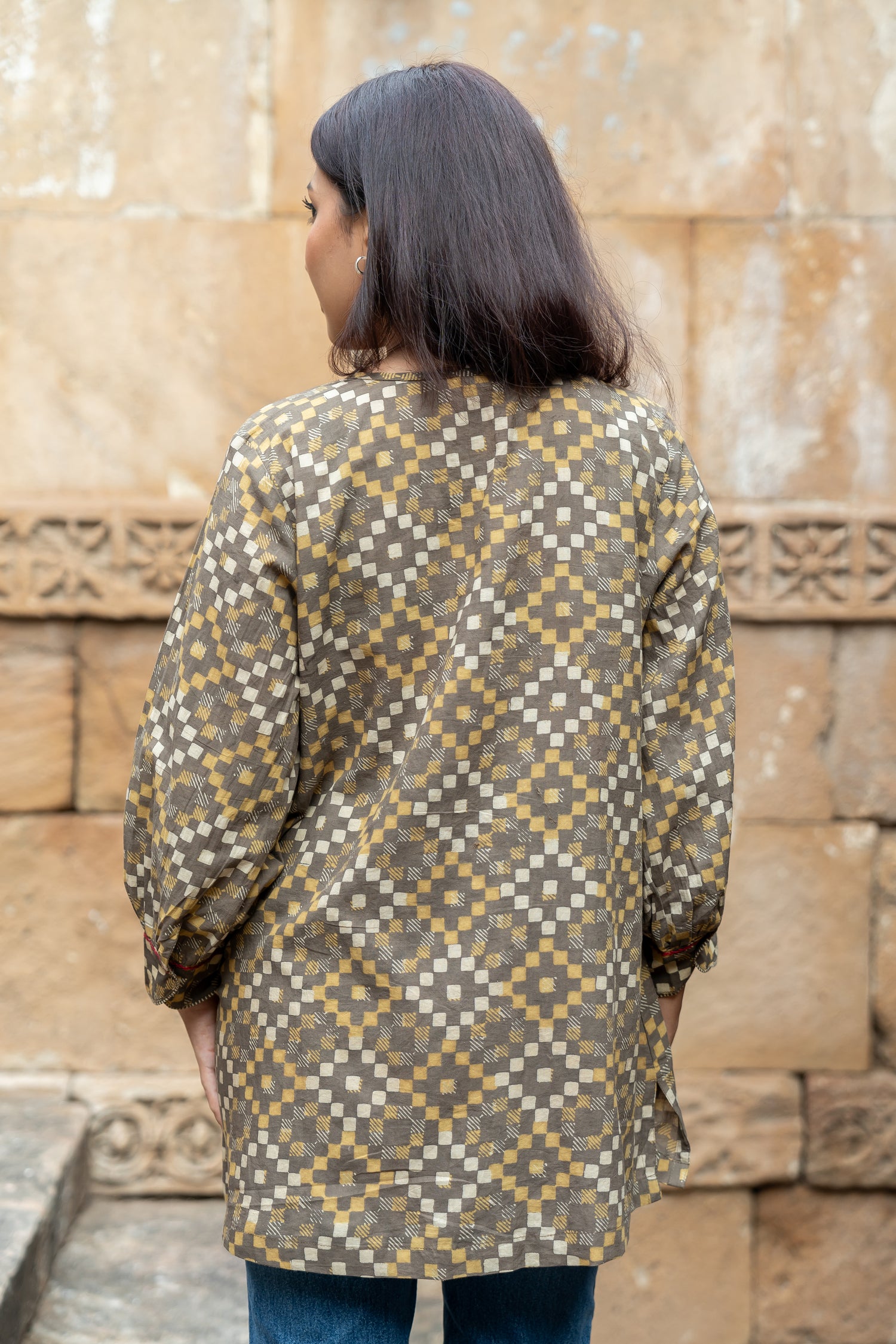 Ekatra Brown Geometric Hand Block Print Mull Cotton Top | Ray Ethnic