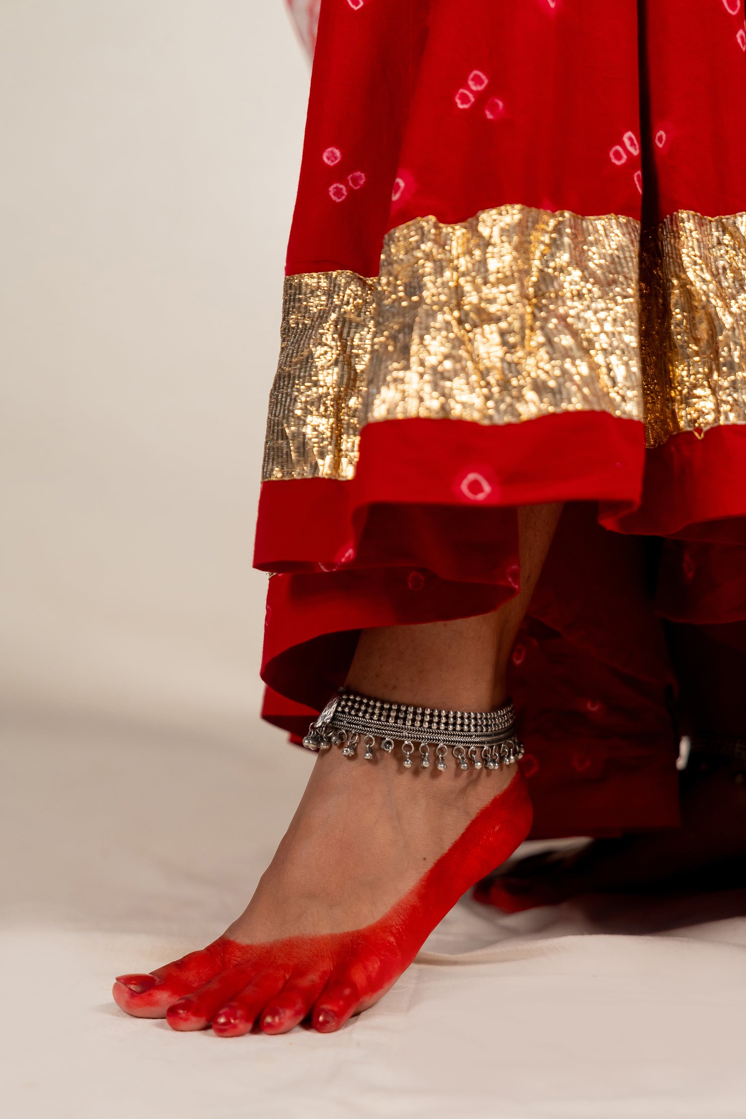 Red Bandhej Cotton Skirt with Golden Border – NavRas