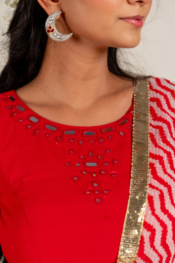 Embroidered Mangalagiri Cotton Blouse in Red with Delicate Mirror Work – NavRas