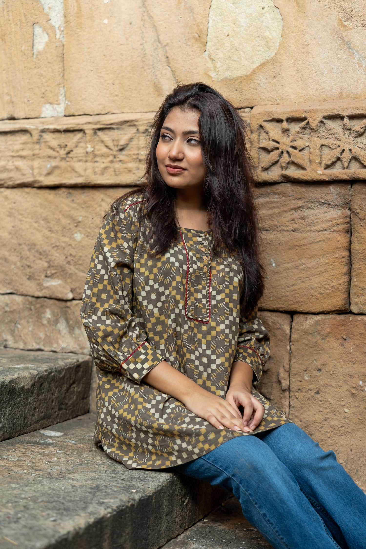 Ekatra Brown Geometric Hand Block Print Mull Cotton Top | Ray Ethnic