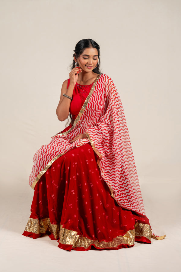 Red Bandhej Cotton Skirt with Golden Border – NavRas