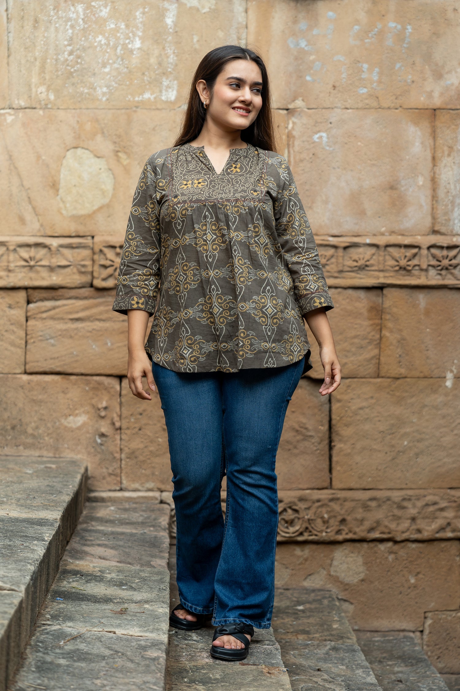 Ekatra Brown Hand Block Print Mull Cotton Kurta Top | Ray Ethnic