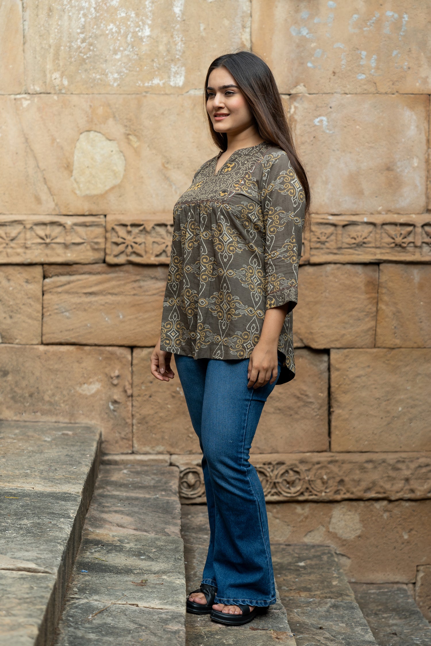 Ekatra Brown Hand Block Print Mull Cotton Kurta Top | Ray Ethnic