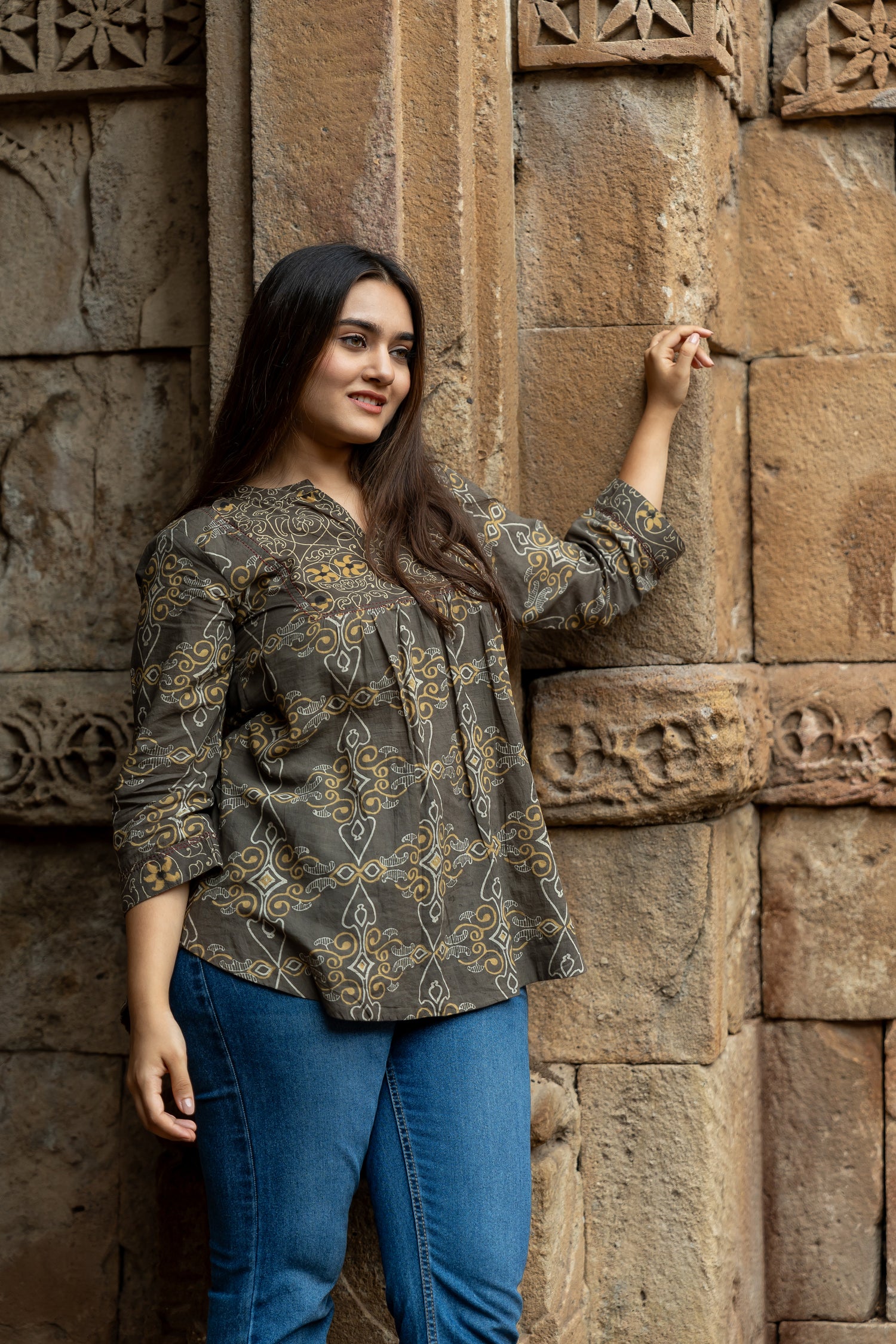 Ekatra Brown Hand Block Print Mull Cotton Kurta Top | Ray Ethnic