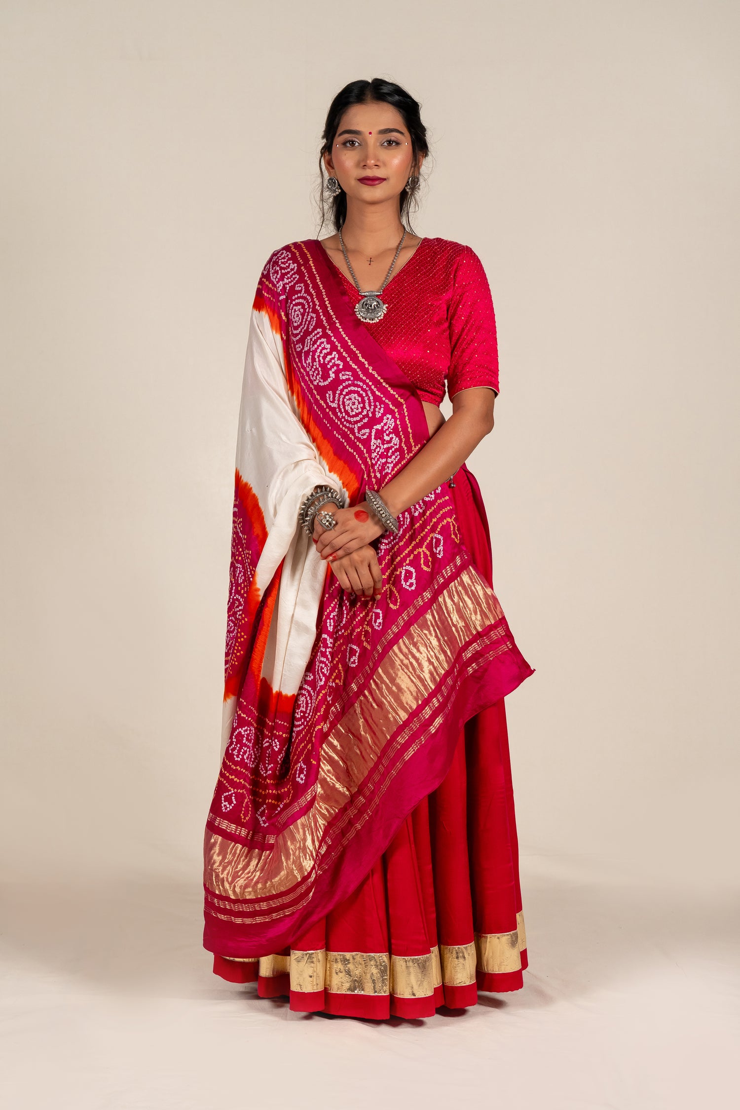 Bandhej Tie-Dye Gaji Silk Dupatta with Badla work – NavRas