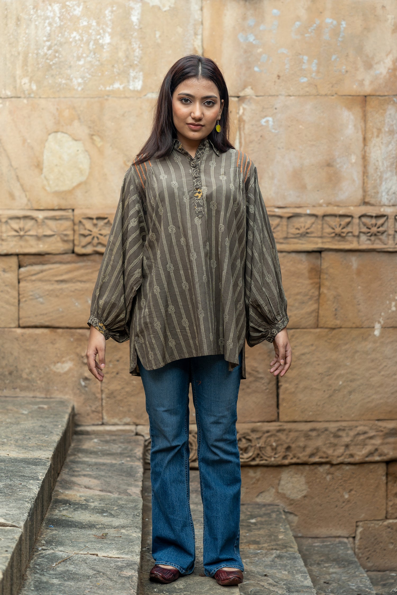 Ekatra Brown Block Print Mull Cotton Top | Ray Ethnic