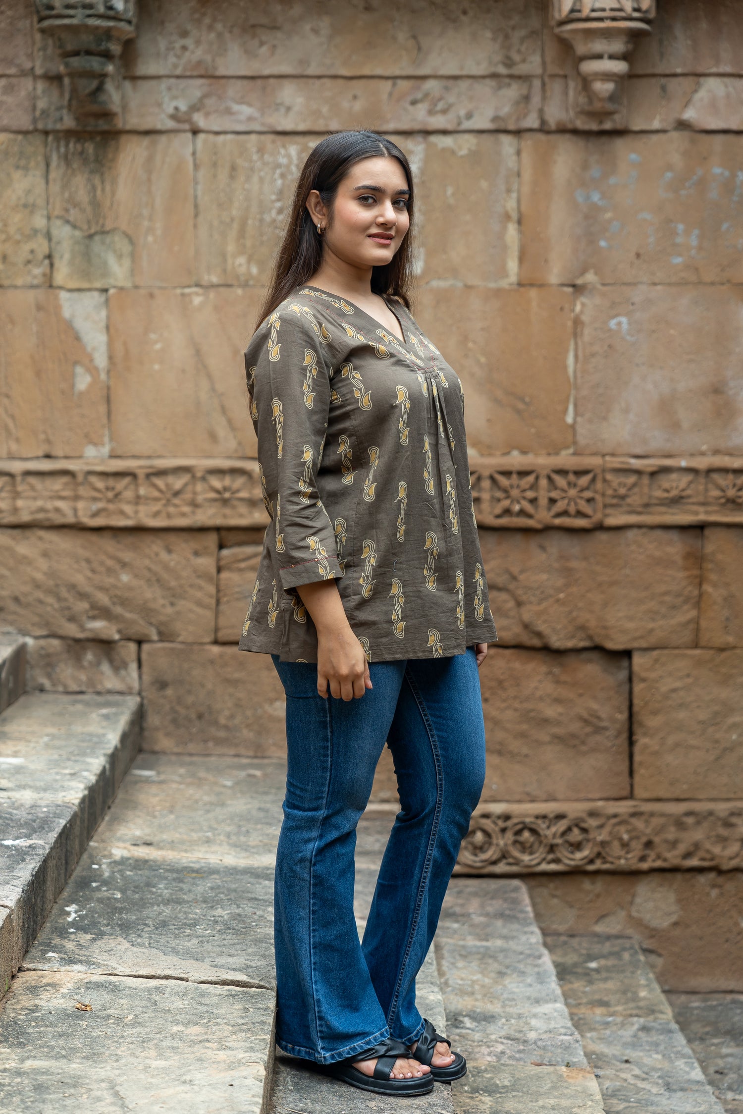 Ekatra Block Print Brown Mull Cotton Top | Ray Ethnic