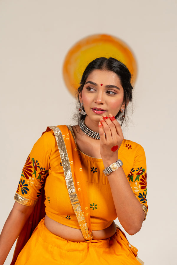 Cotton Blouse in Mustard Yellow with Floral Embroidery – NavRas