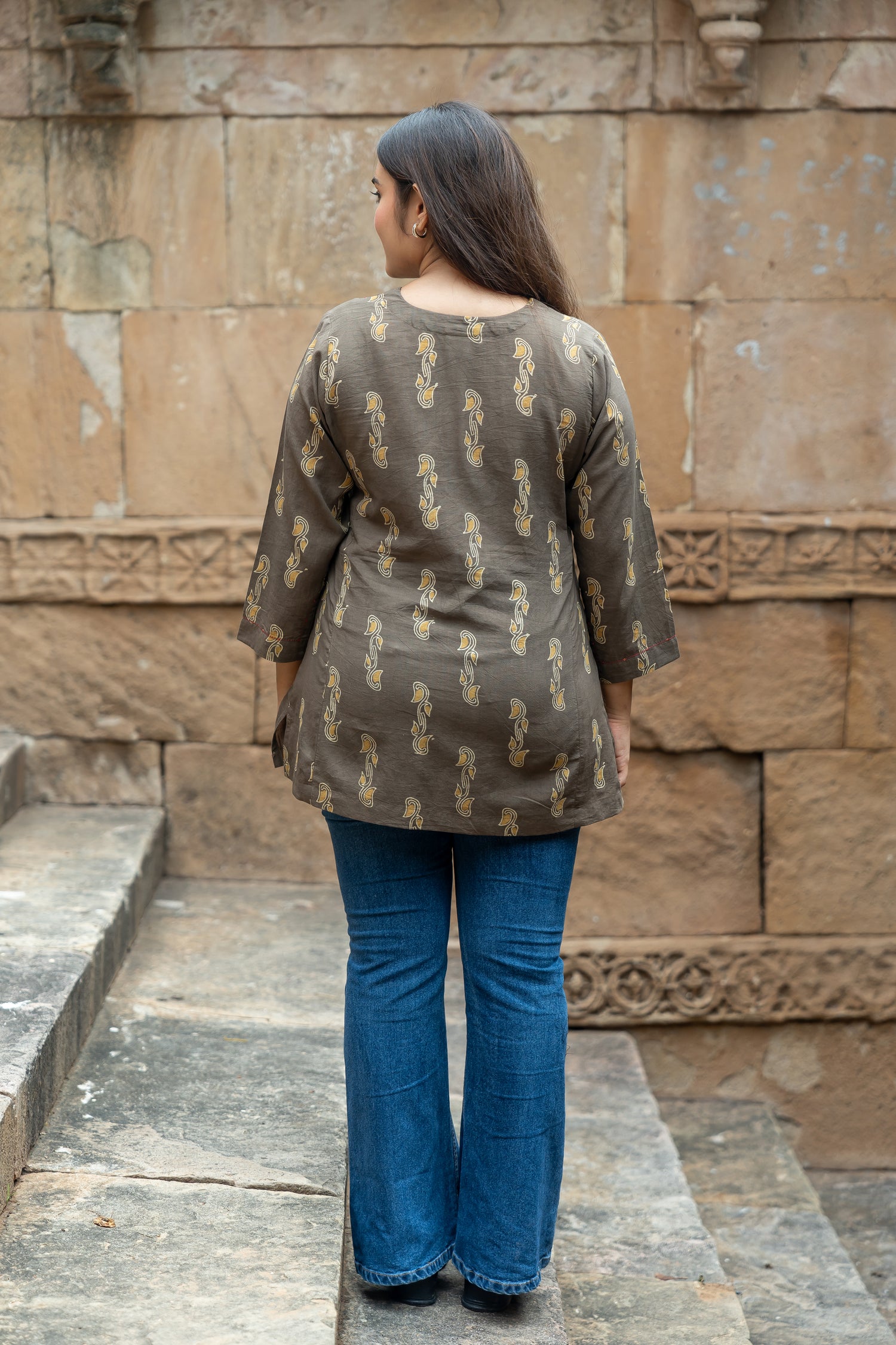 Ekatra Block Print Brown Mull Cotton Top | Ray Ethnic