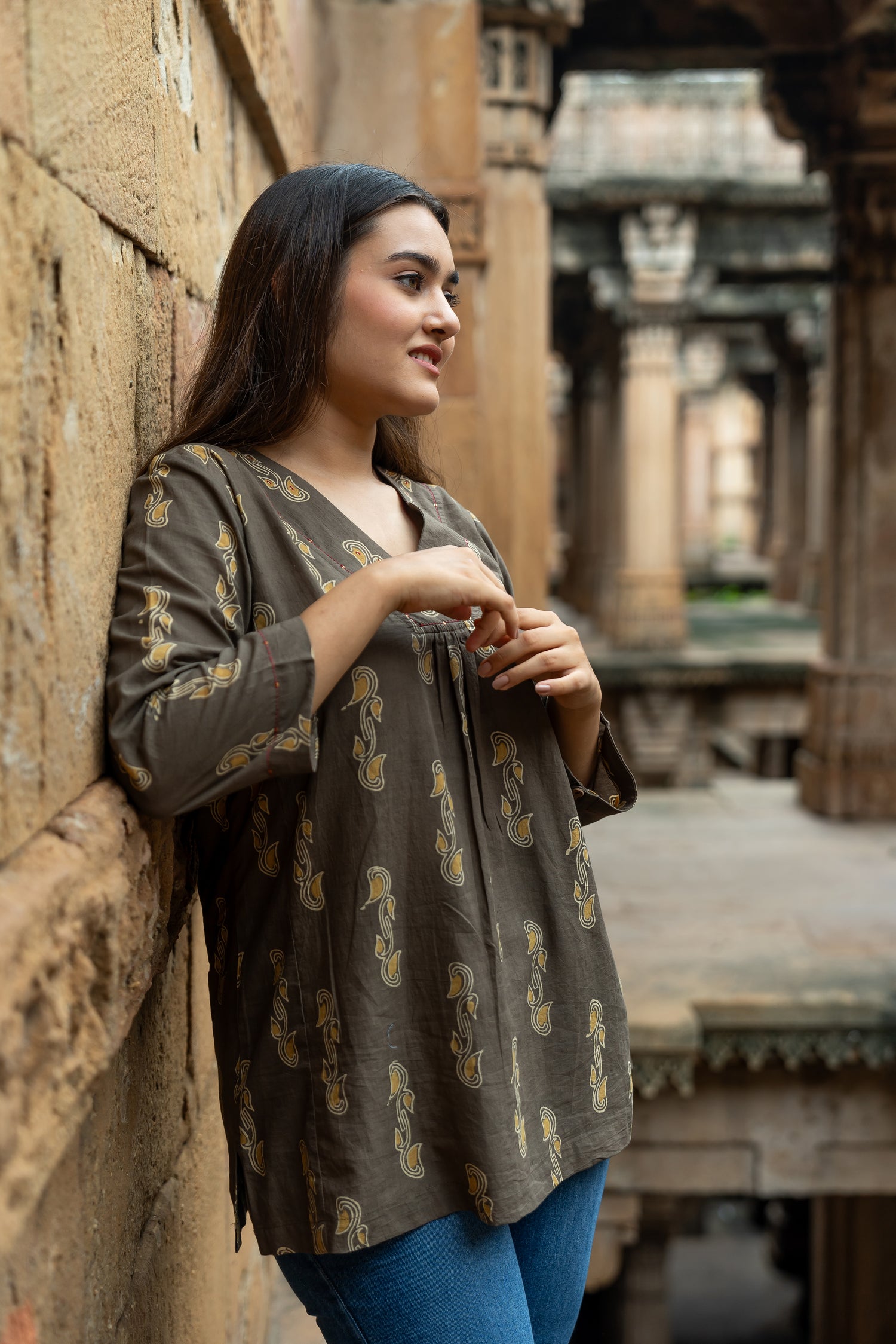 Ekatra Block Print Brown Mull Cotton Top | Ray Ethnic