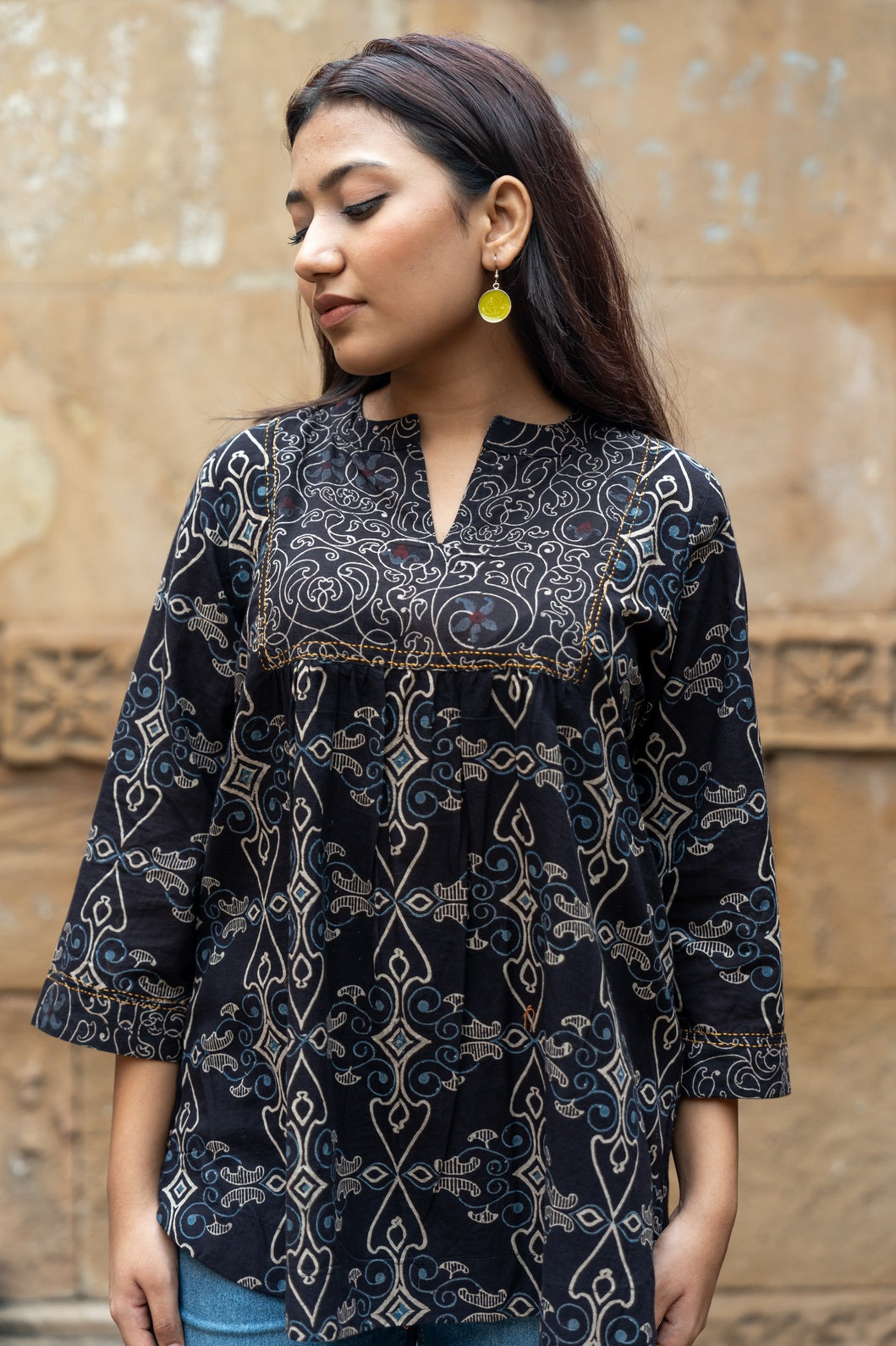 Ekatra Brown Block Print Mull Cotton Top | Ray Ethnic