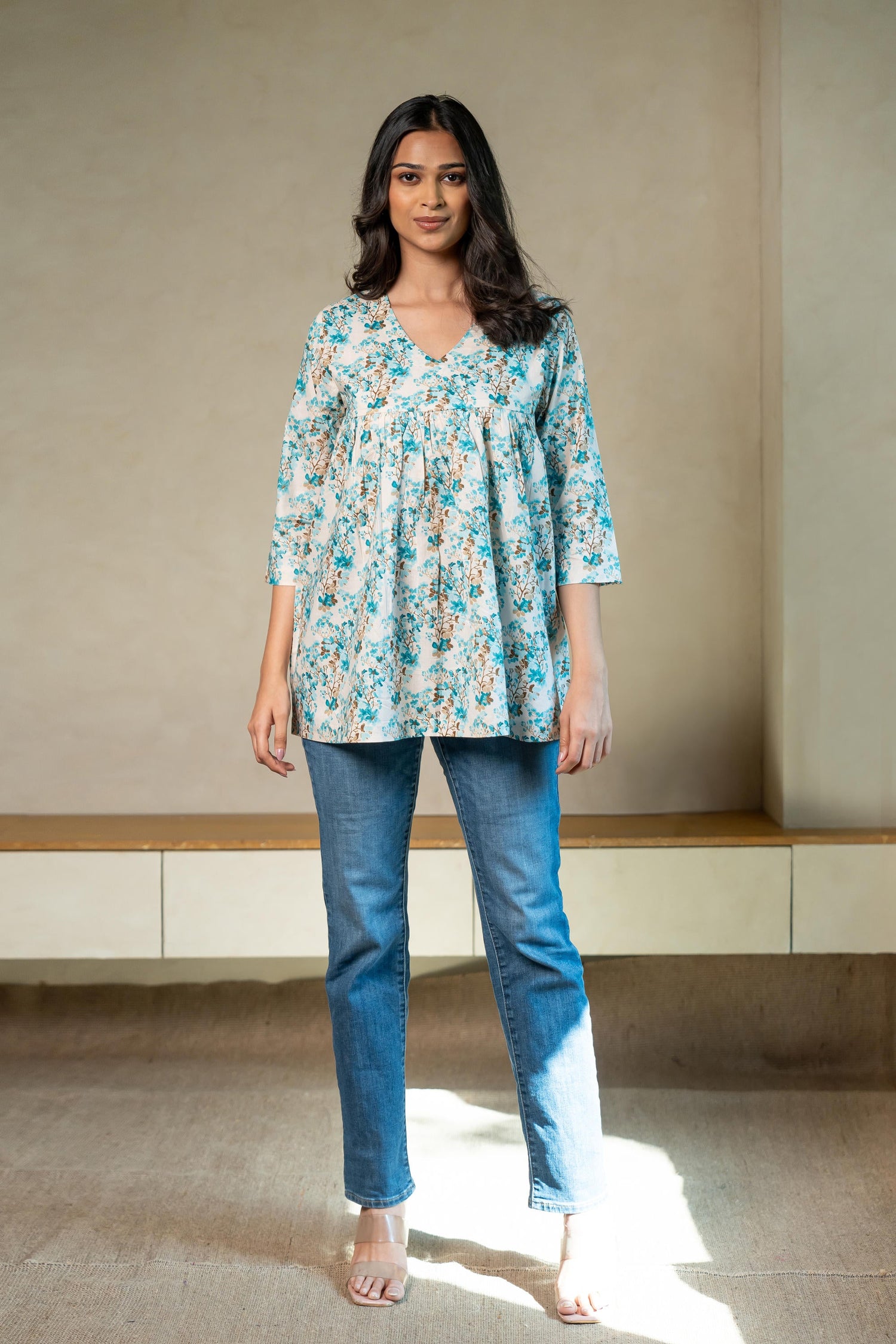 Aabha Sky Blue Printed Cotton Top | Ray-ethnic