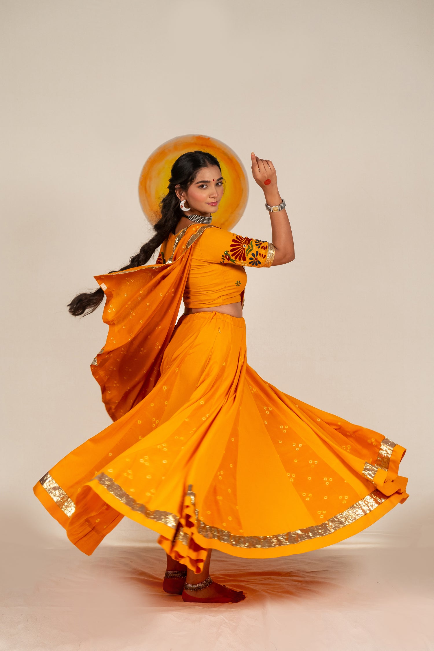 Handcrafted Cotton & Bandhej Skirt in Rich Saffron Color – NavRas