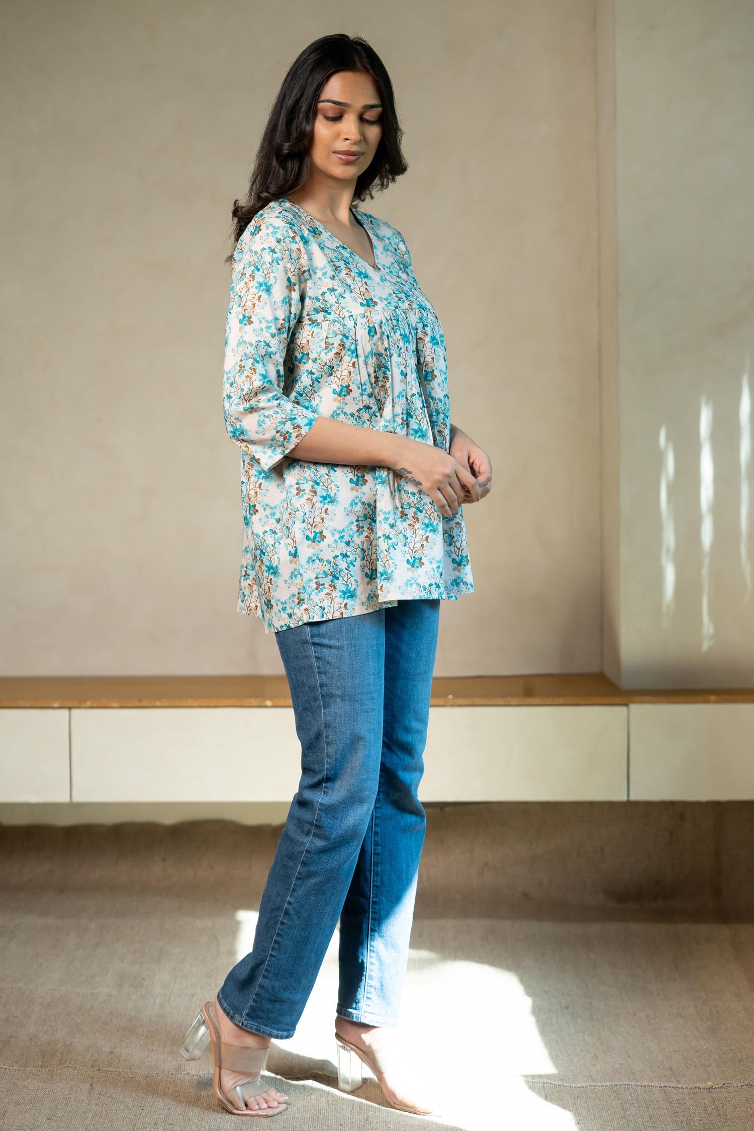Aabha Sky Blue Printed Cotton Top | Ray-ethnic