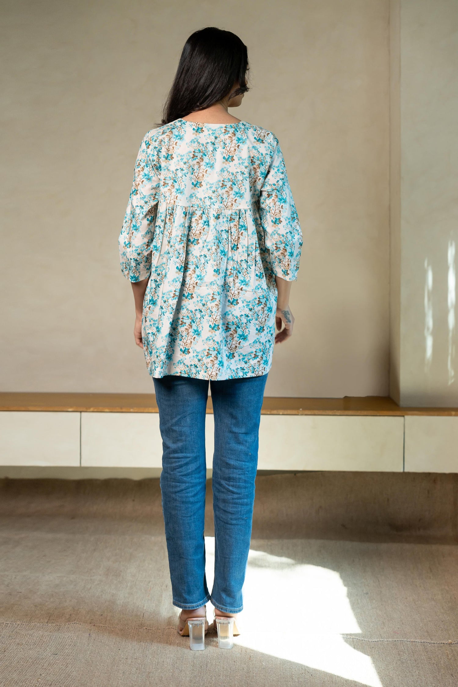 Aabha Sky Blue Printed Cotton Top | Ray-ethnic