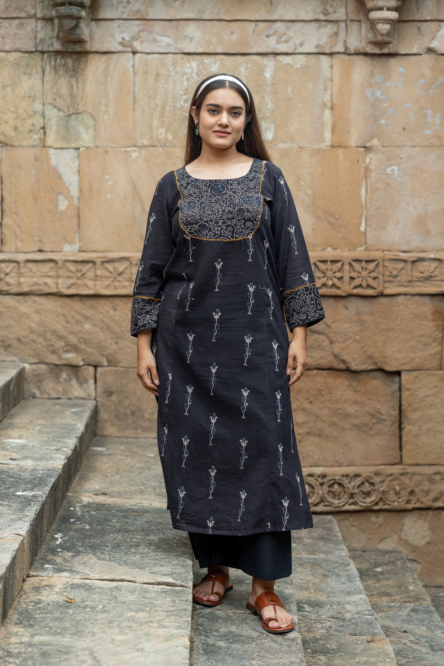 Ekatra Black Block Print Mull Cotton Kurta | Ray Ethnic