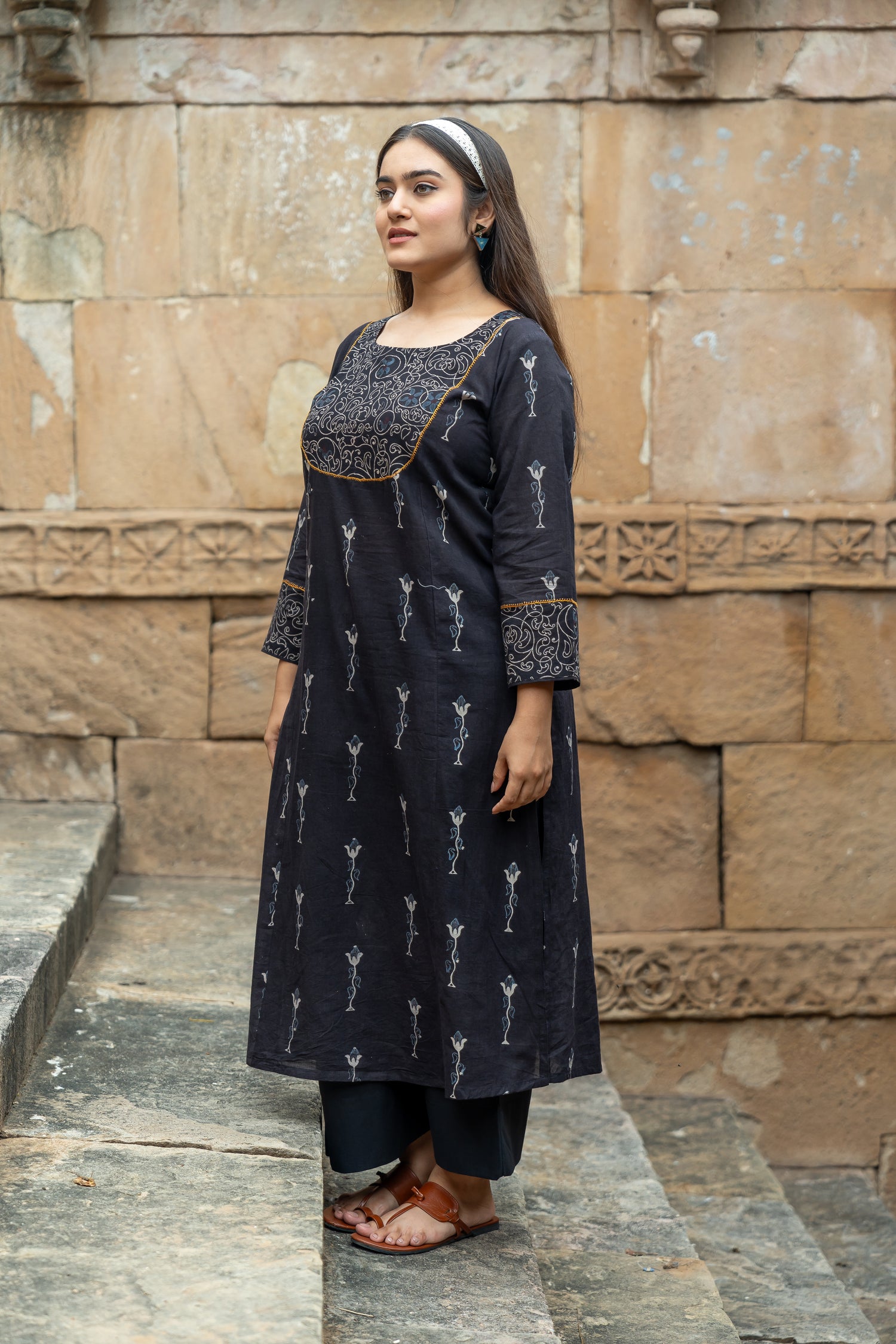 Ekatra Black Block Print Mull Cotton Kurta | Ray Ethnic
