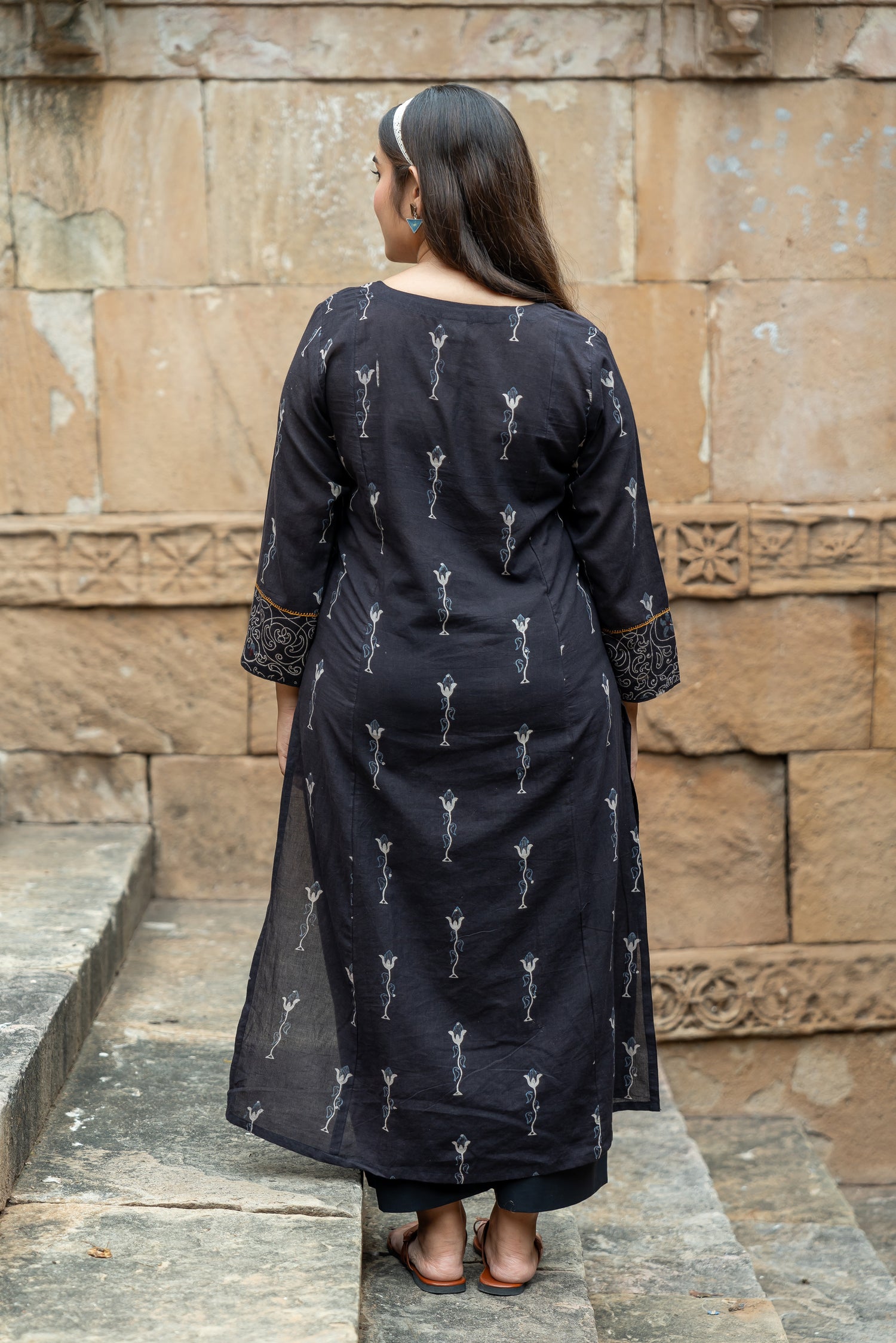 Ekatra Black Block Print Mull Cotton Kurta | Ray Ethnic