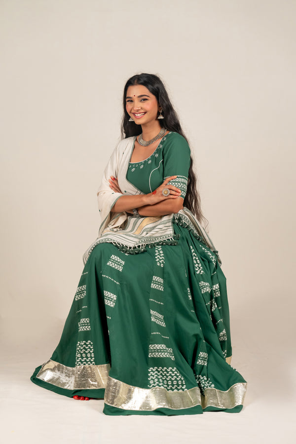 Green Cotton Mulmul Skirt with Block Print – NavRas