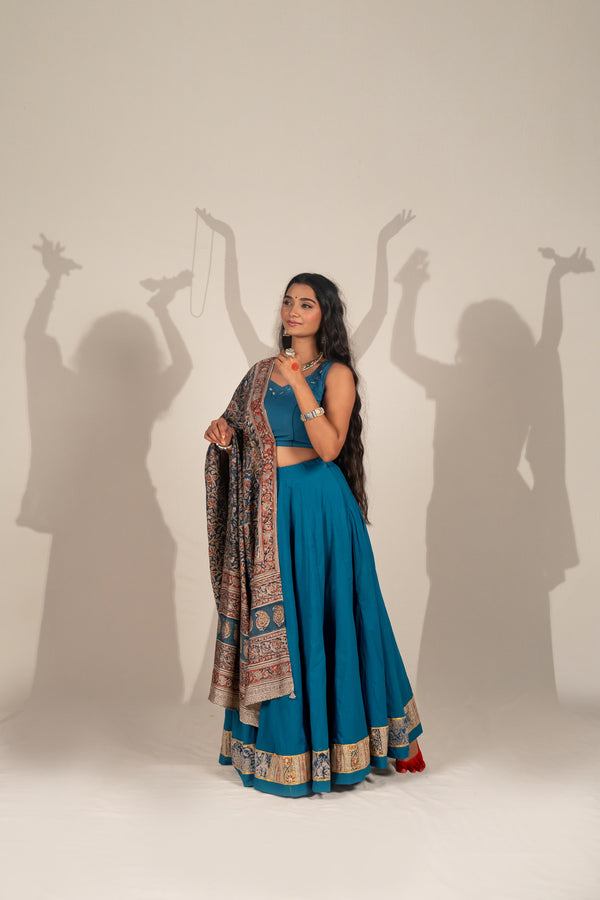 Plain Cotton Skirt in Turquoise Blue with Kalamkari Block Print – NavRas