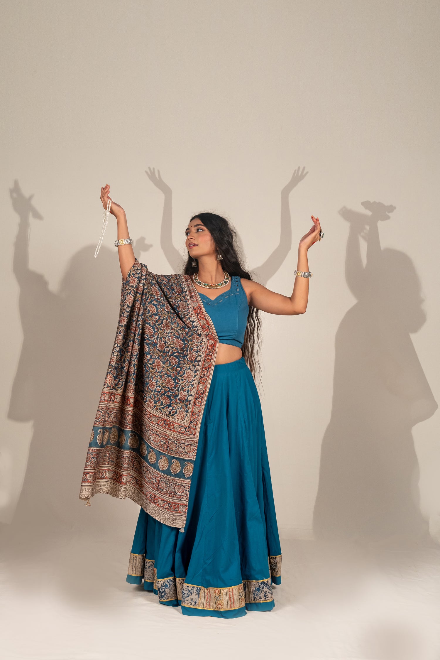 Plain Cotton Skirt in Turquoise Blue with Kalamkari Block Print – NavRas