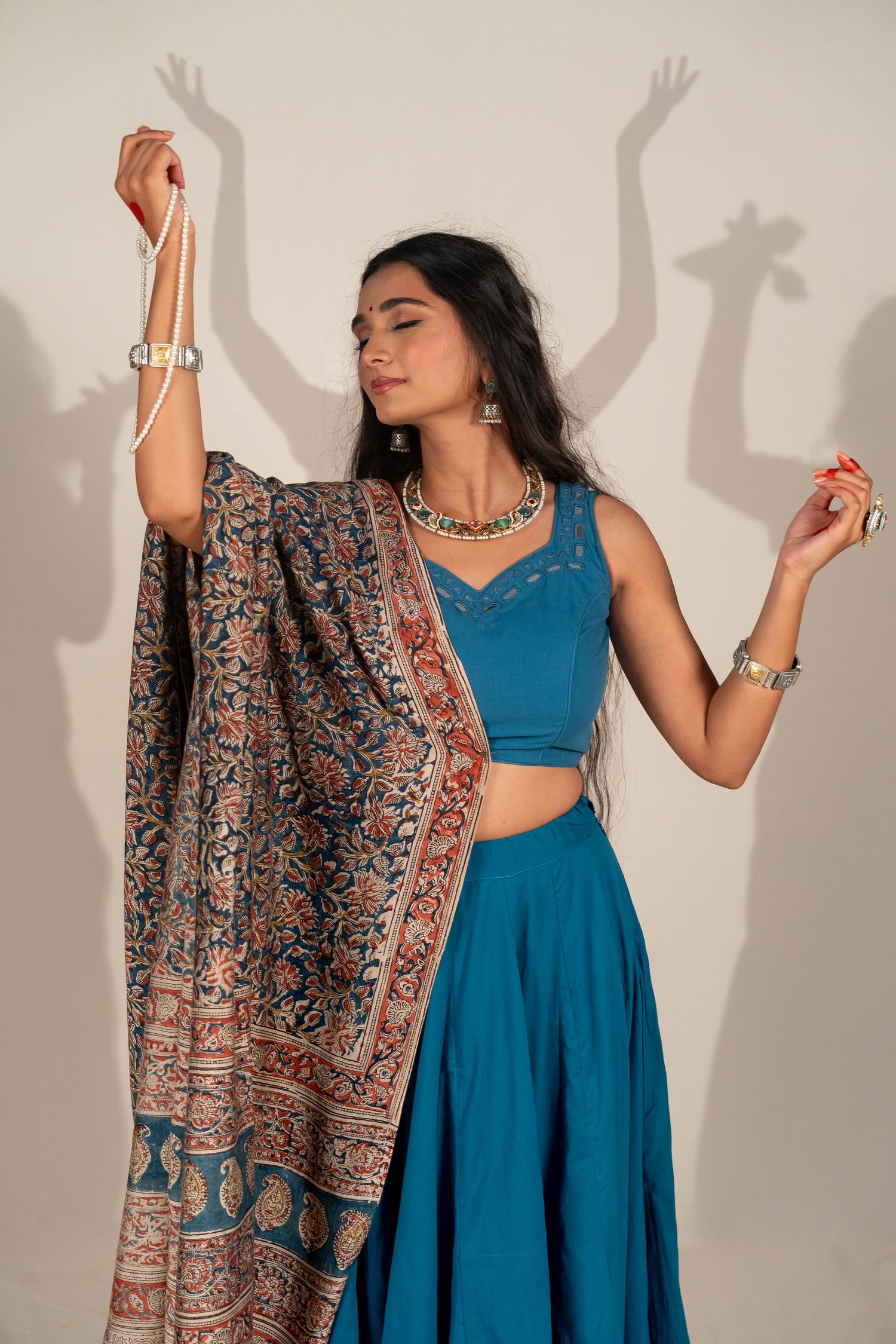 Block Printed Cotton Silk Dupatta in Kalamkari in Earthy Tones– NavRas