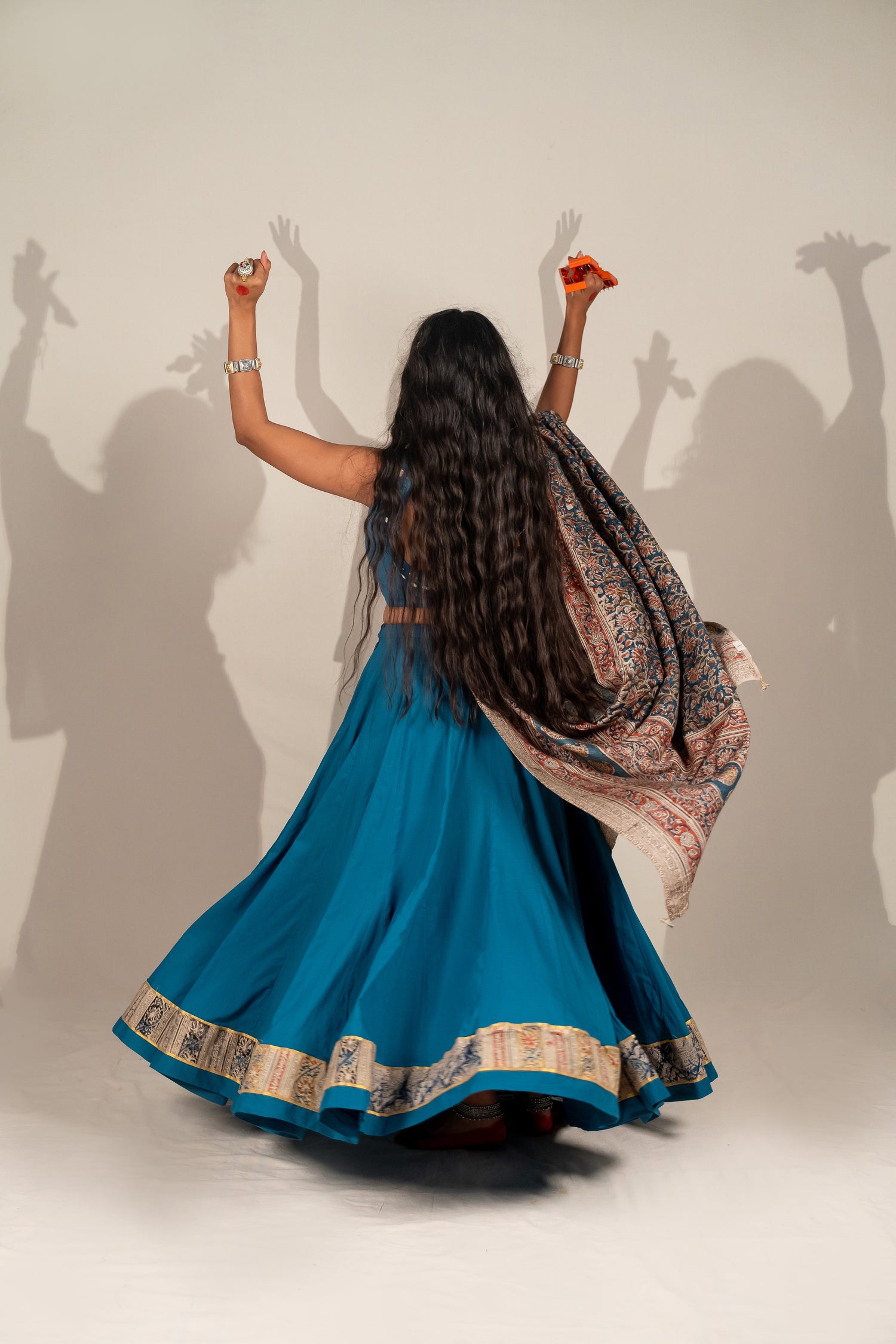 Plain Cotton Skirt in Turquoise Blue with Kalamkari Block Print – NavRas