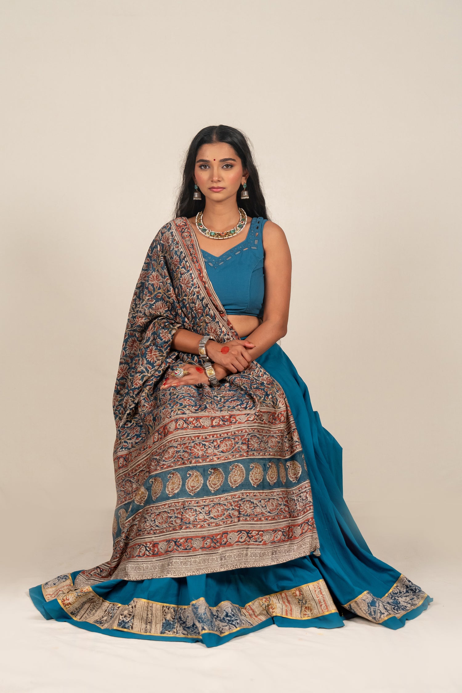 Block Printed Cotton Silk Dupatta in Kalamkari in Earthy Tones– NavRas