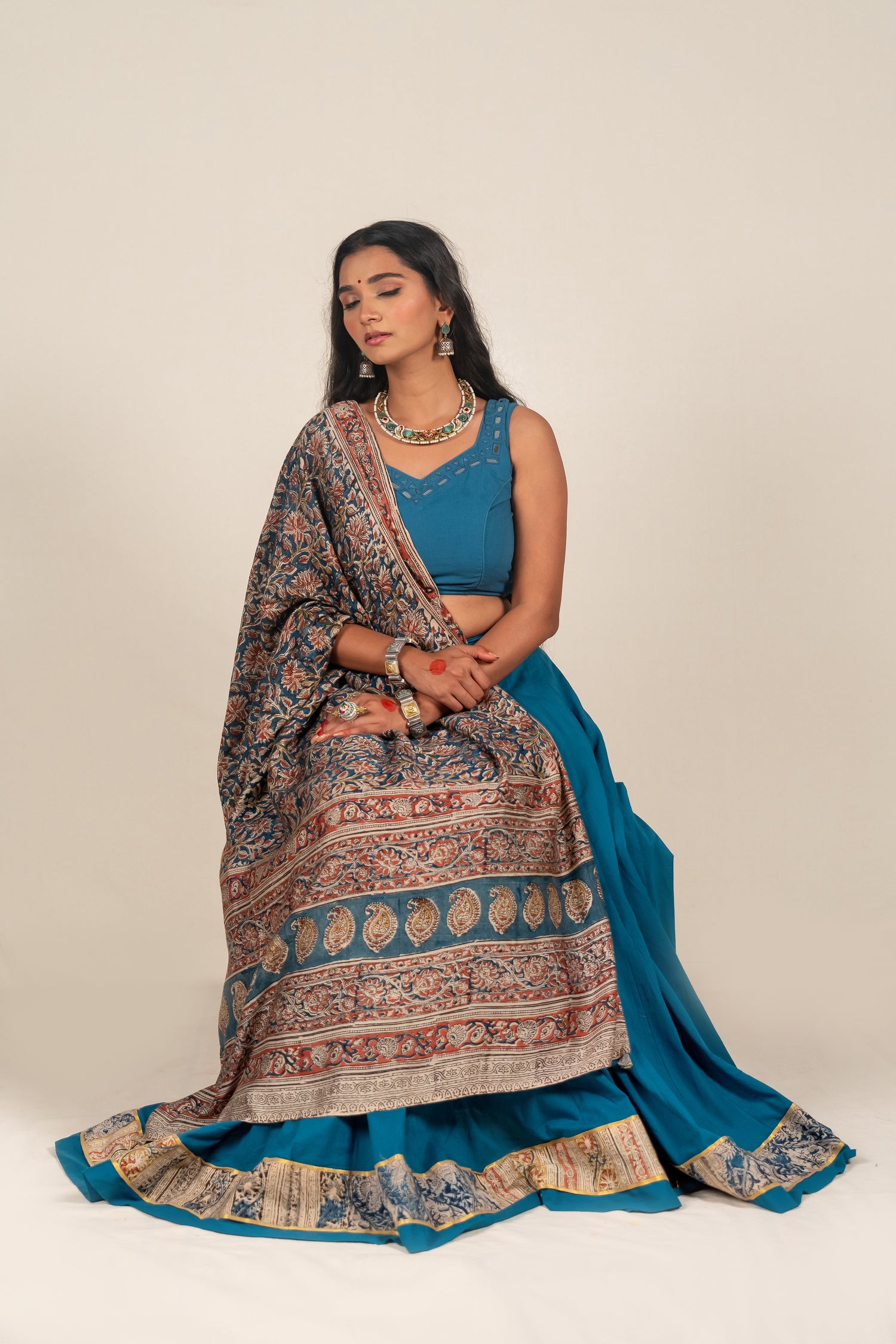 Embroidered Mangalagiri Cotton Blouse in Turquoise Blue – NavRas