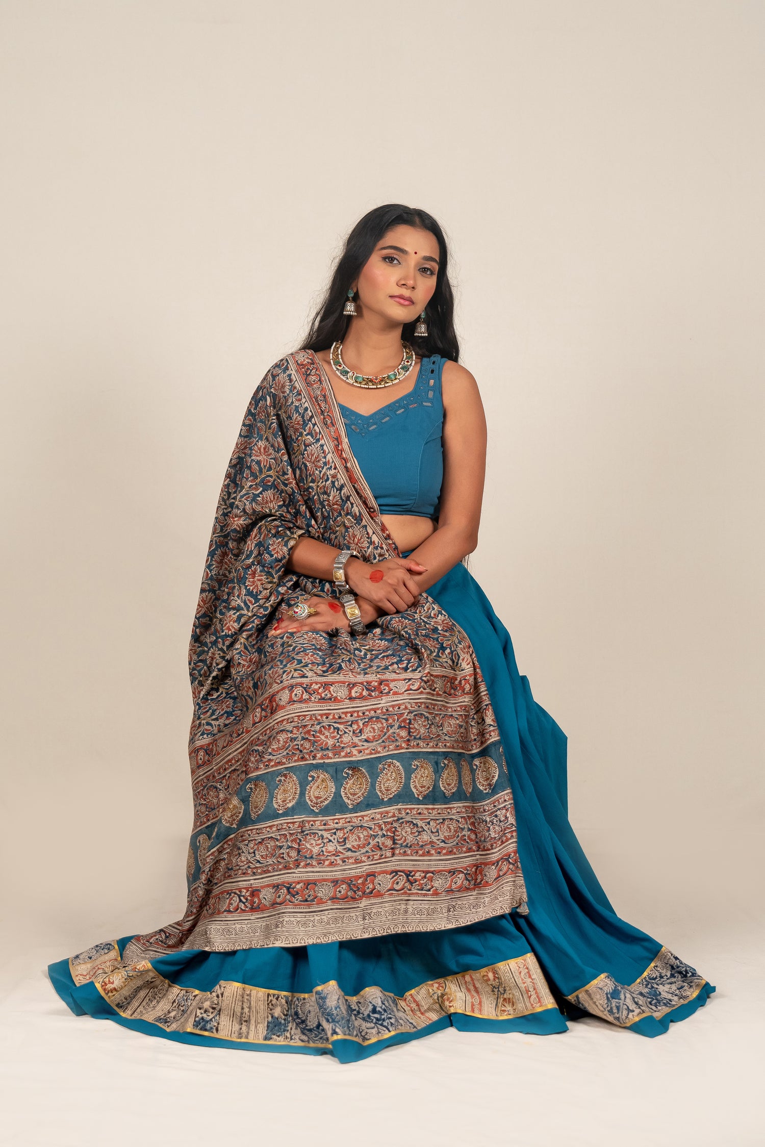Block Printed Cotton Silk Dupatta in Kalamkari in Earthy Tones– NavRas